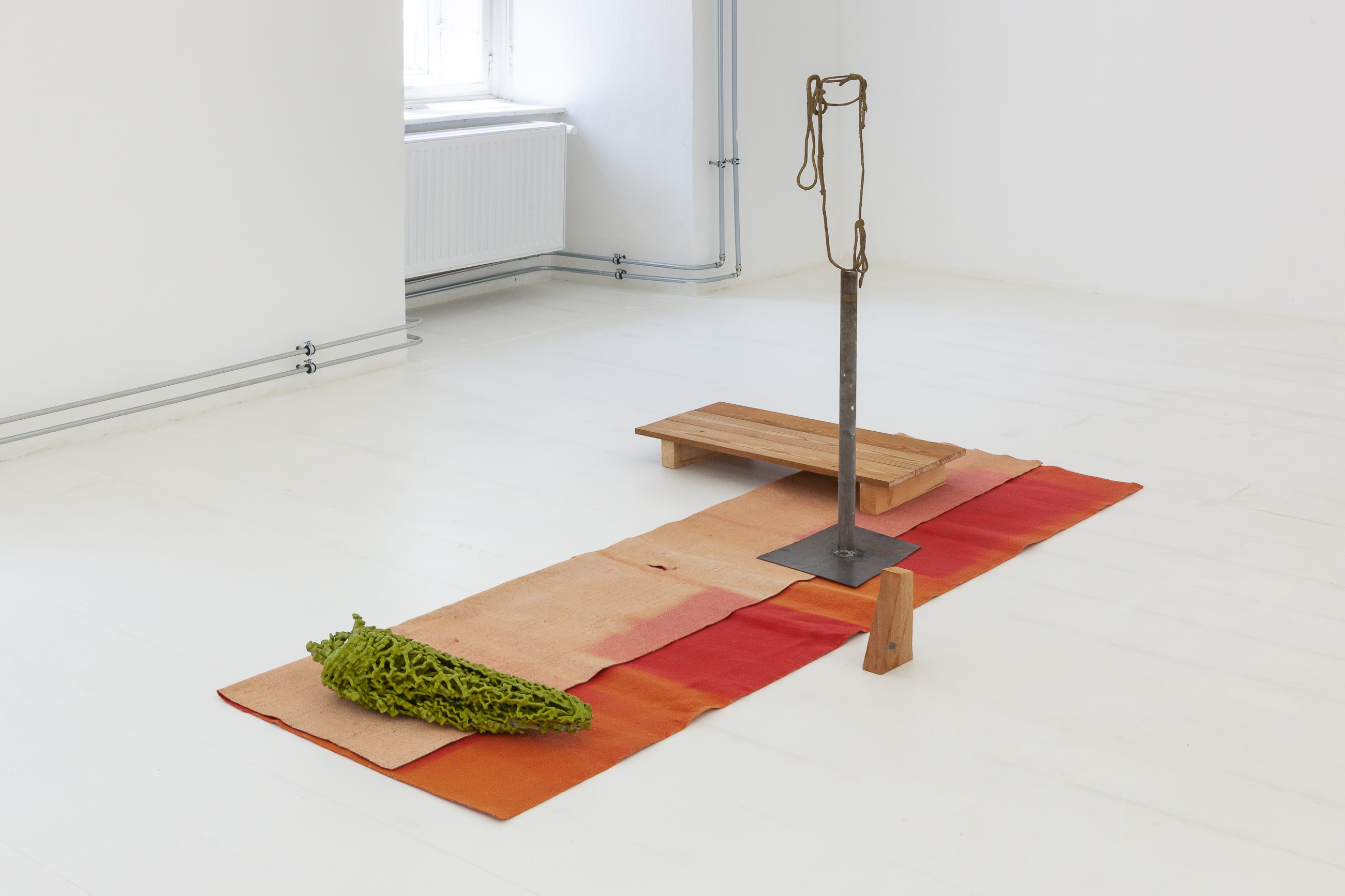 Lone Haugaard Madsen, Raum#416, 2024, wood, sun bleached carpet, aluminium, bronze, iron, various diminutions