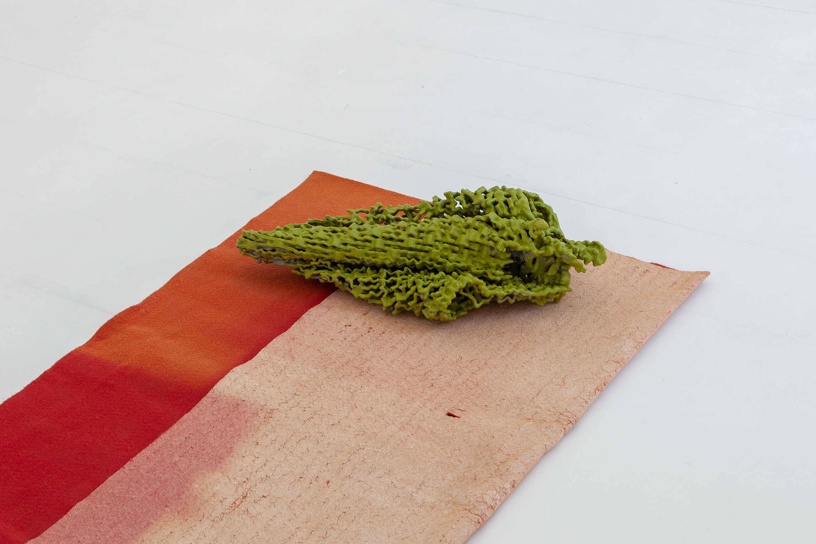Lone Haugaard Madsen, Raum#416, 2024, wood, sun bleached carpet, aluminium, bronze, iron, various diminutions