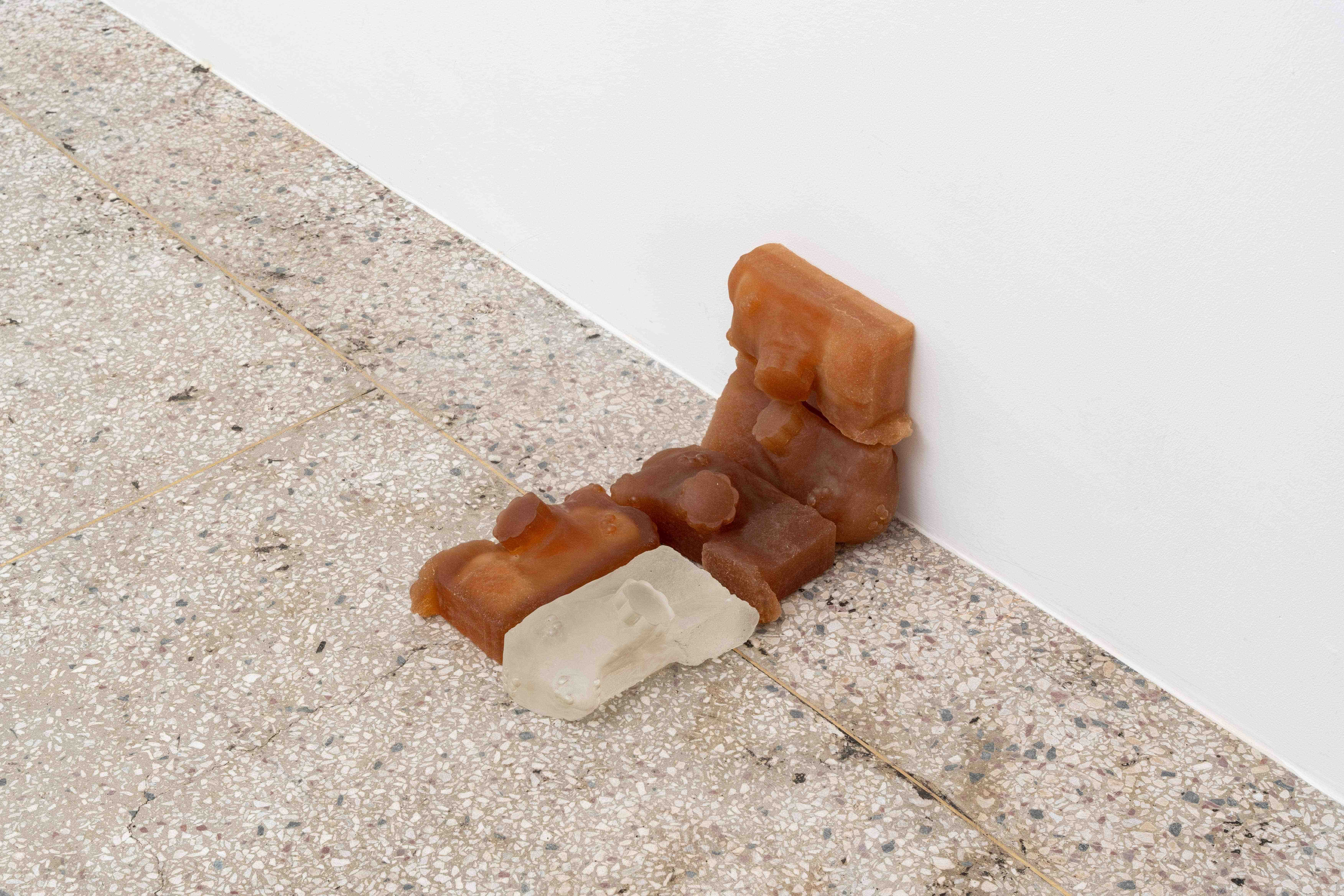 Pot Life and Cure (10 mins and 16 Hours / 5 mins and 3 Days), 2024, 12x26cm (each), Poly rubber, epoxy resin (found materials, clay, silicone casting mould)