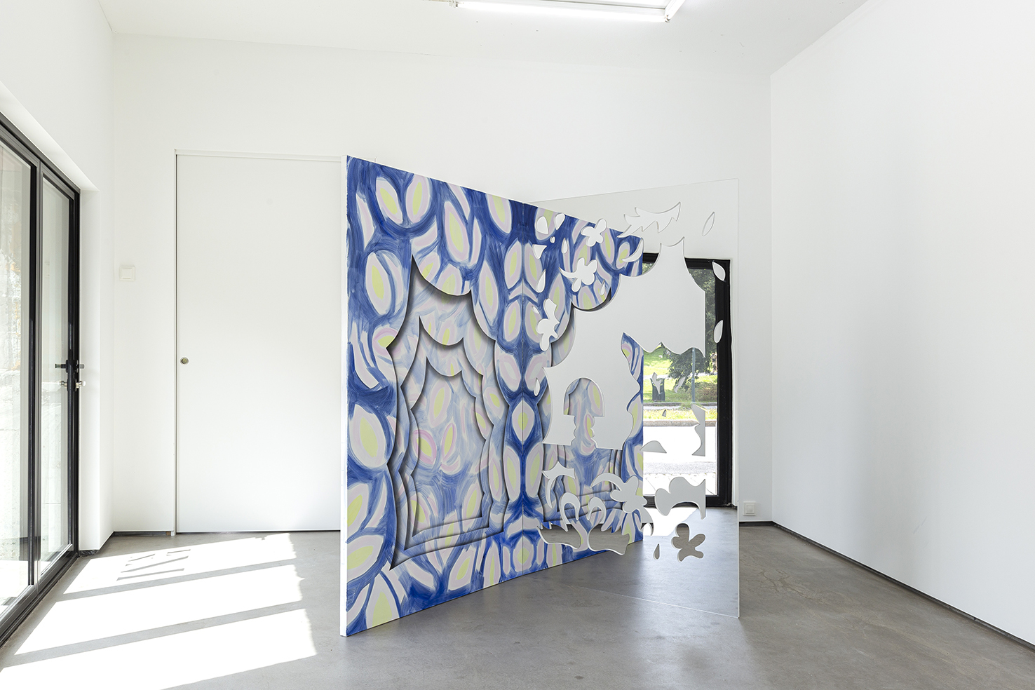 Open window (Night), acrylic on mdd, cut-out mirror, 195 x 129 x 129 cm