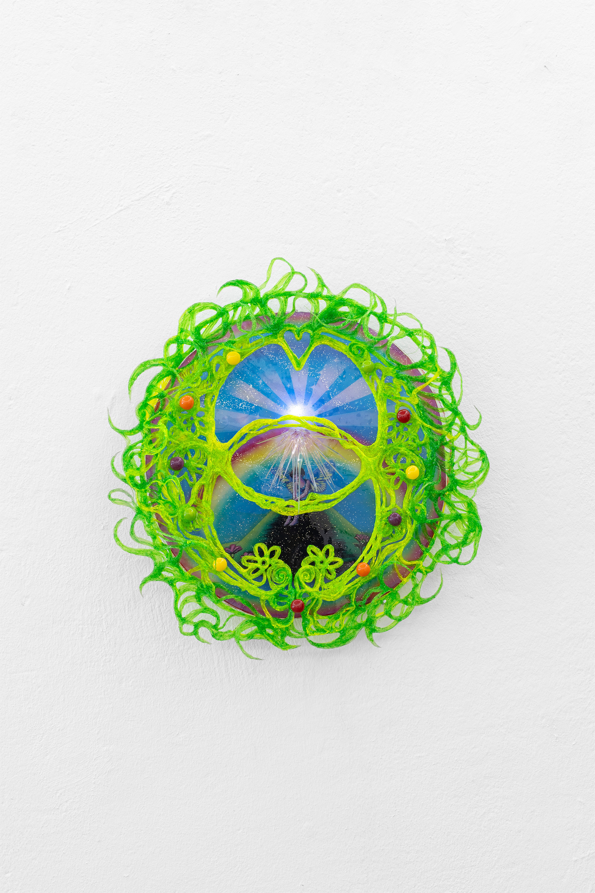 Darya Arbuzova, "Fast Carbs" 2024 PETG plastic, epoxy resin, glass, printing on tracing paper, glitter, LEDs.