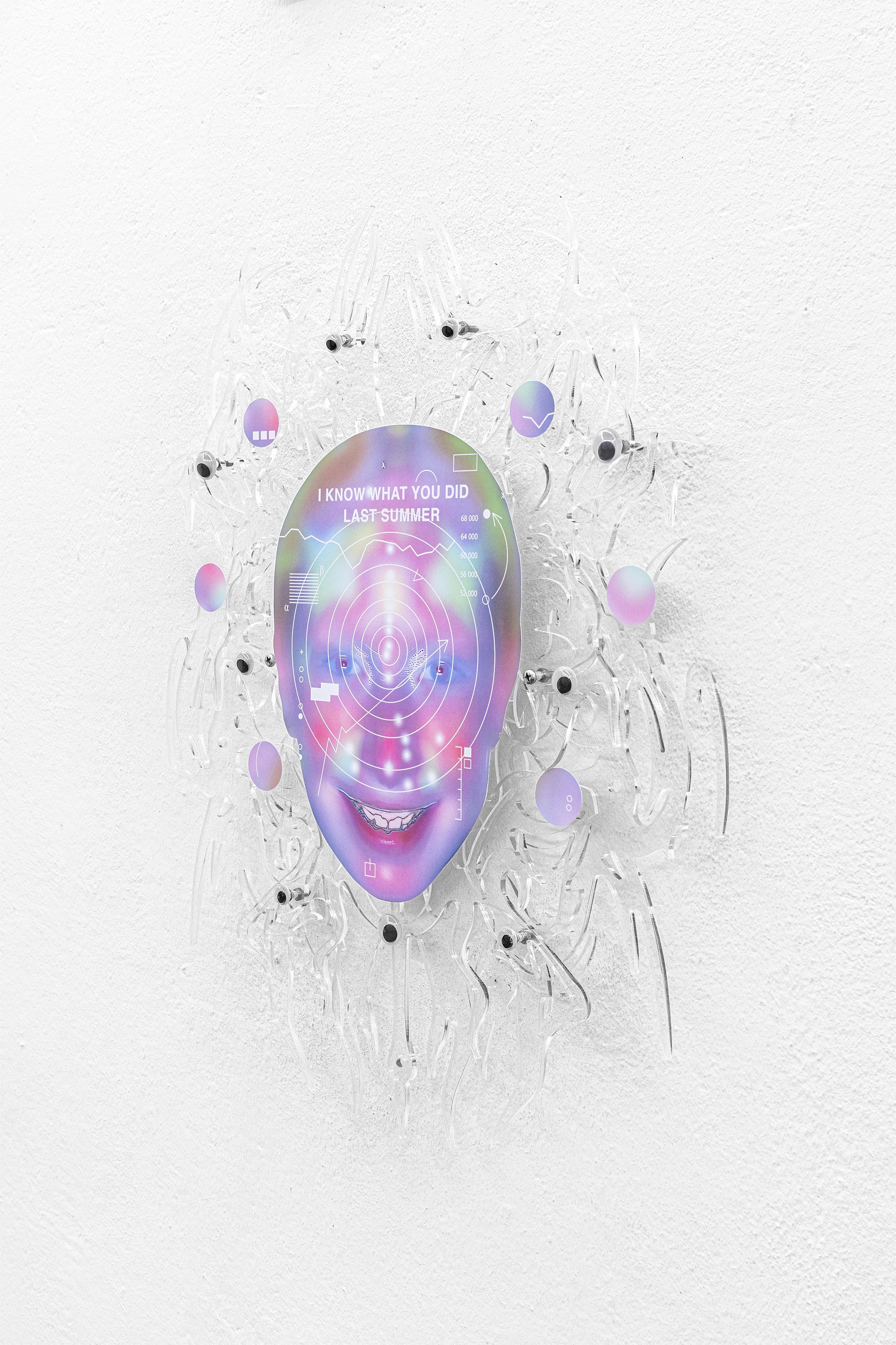 Polina Romanova, "I know what you did last summer" 2024 Acrylic glass, paper print, toy eyes, bolts.