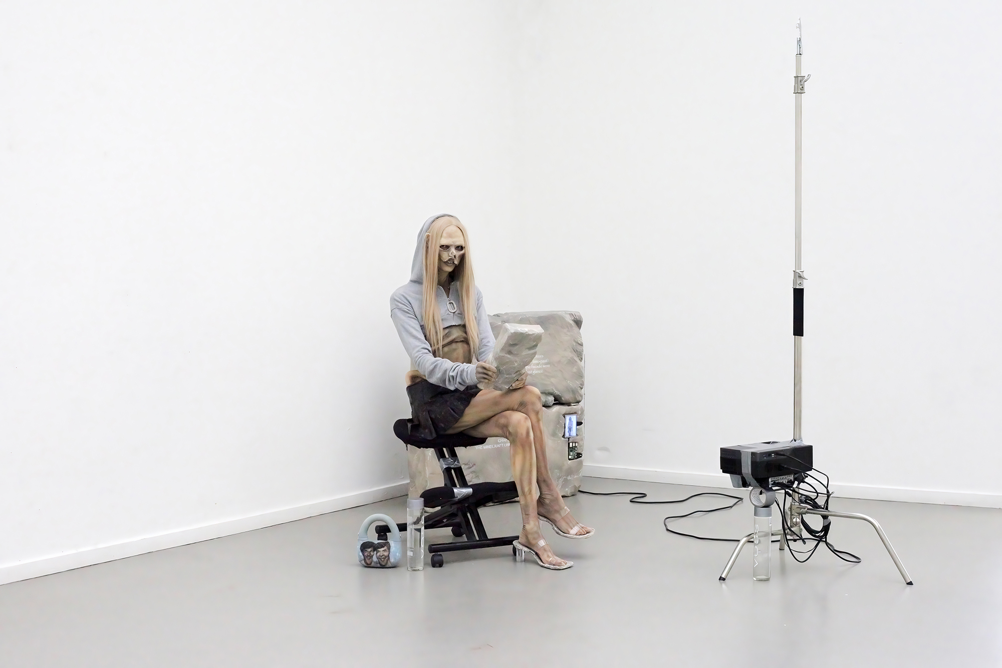 Levi van Gelder, Ötza and the Soft Death of Shoshanna Shapiro (and other fanfictions), 2024, styrofoam, paper-maché, acrylic paint, steel, paper, 100 x 100 x 20 cm