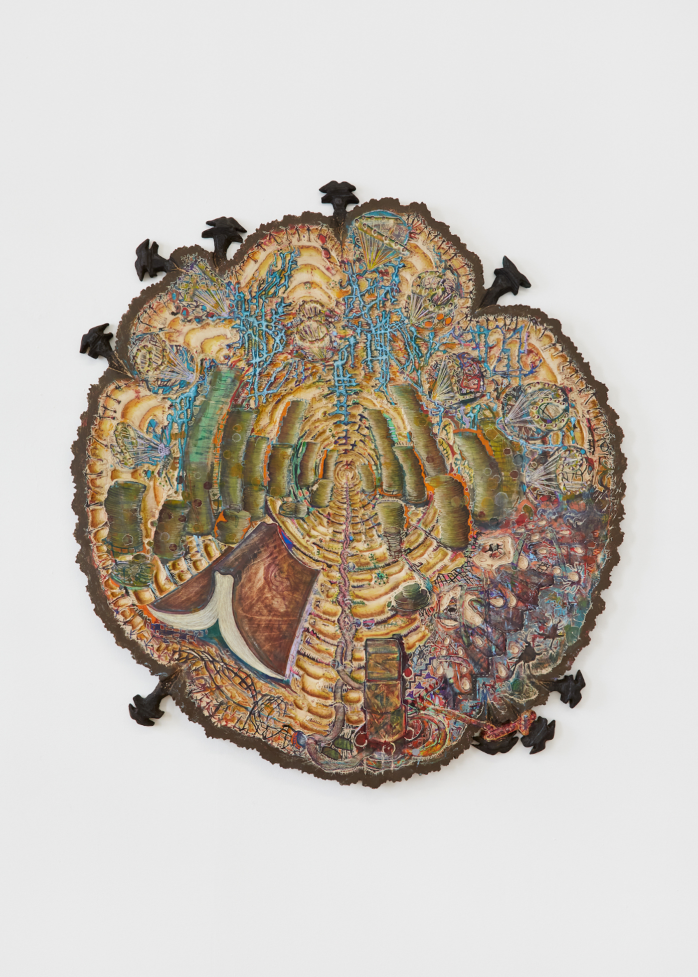 Tom Hardwick—Allan, After the Numbers, Before the Numbness, 2024. Ink, acrylic, pen and pencil on carved birch plywood, 112 (H) x 102 (W) x 2.4 (D) cm