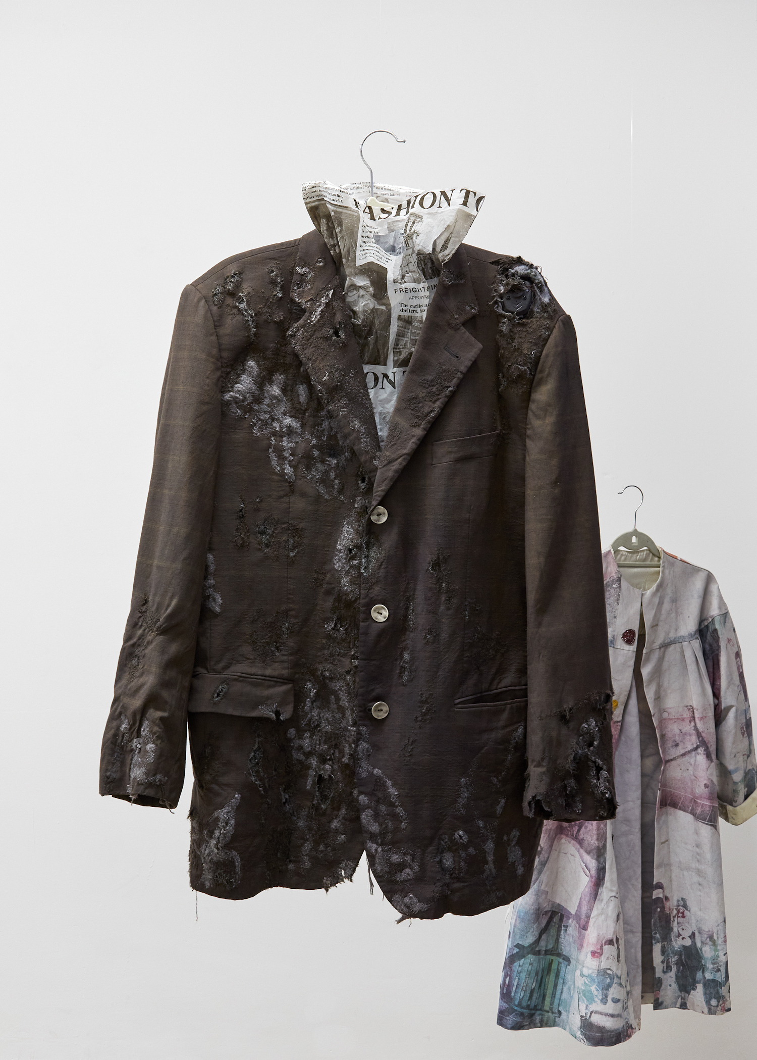 Katie Shannon, Sicko Suit, 2023. Embroidered and embellished textile, found plastic bag, silver, wool, dimensions variable