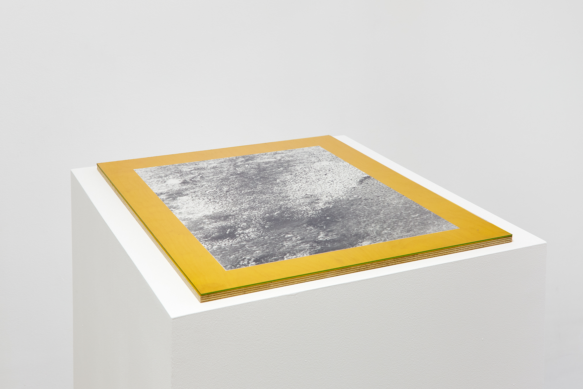Terence McCormack, (Untitled) Family Zone, 2024. 2 x hand printed silver gelatin prints using 35 mm positive transparency from Family Zone 2023 (50.8 x 40.6 cm), oklahoma yellow acetate, birch plywood, AR coated glass , plinth (65 x 60 x 100 cm).