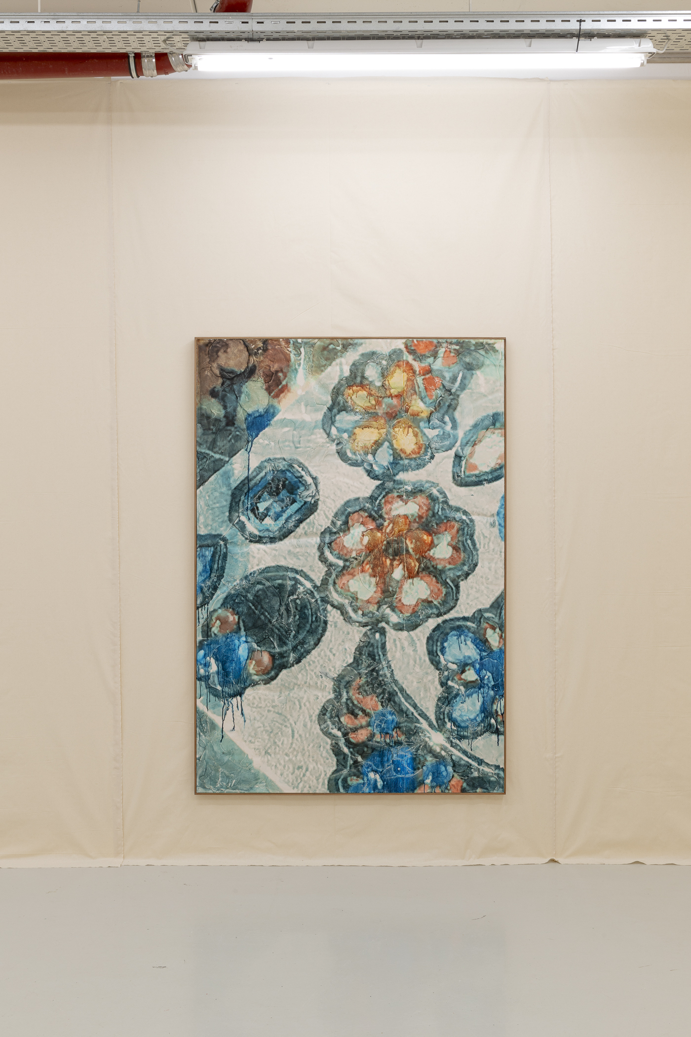 Stickers in sunlight. 2024. Pigment ink in polymer modified plaster, UV protective acrylic sealer, artist frame made from elm. 174,7 x 119 cm