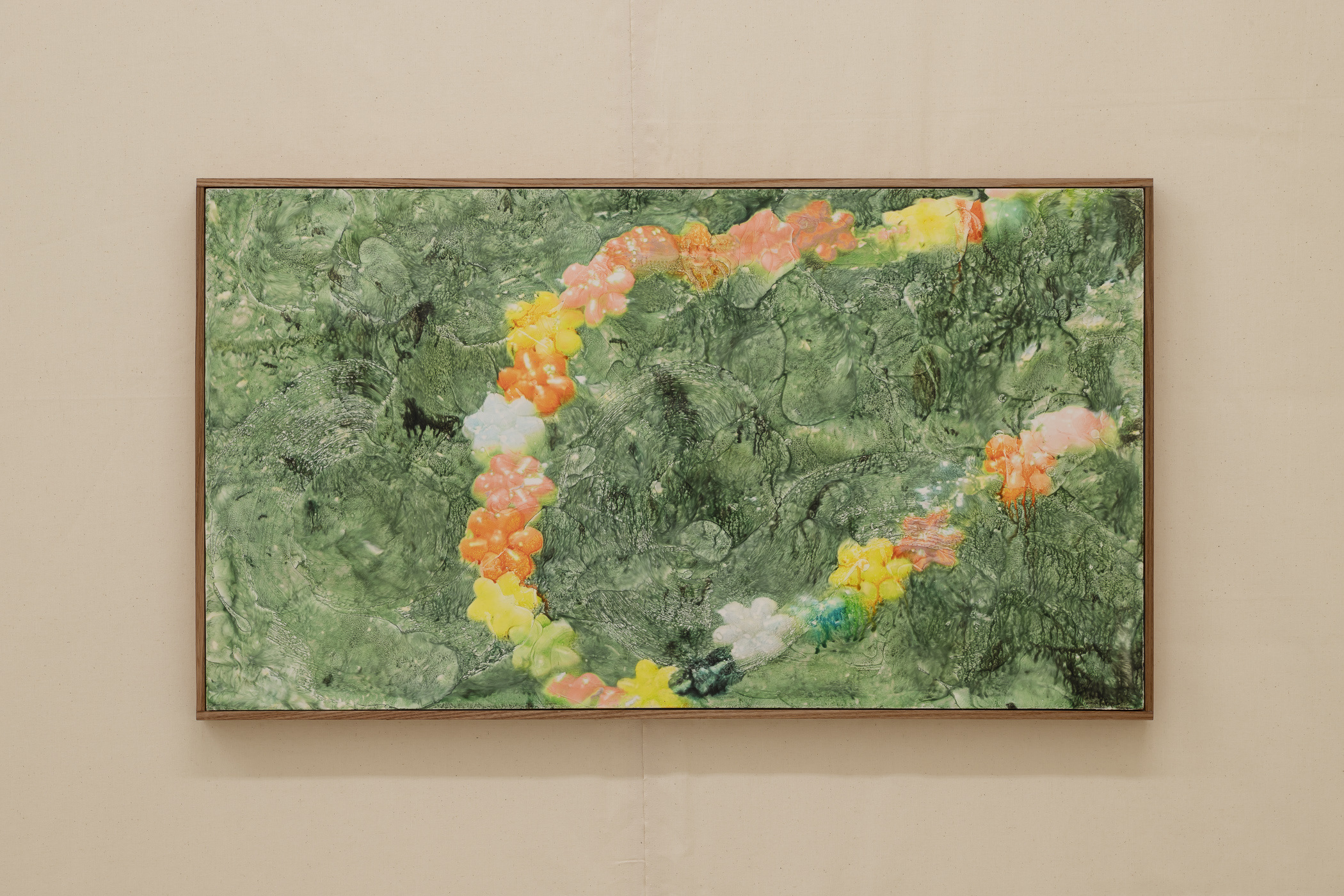 The pearl necklace that disappeared. 2024. Pigment ink in polymer modified plaster, UV protective acrylic sealer, artist frame made from elm. 42,5 x 74,5 cm