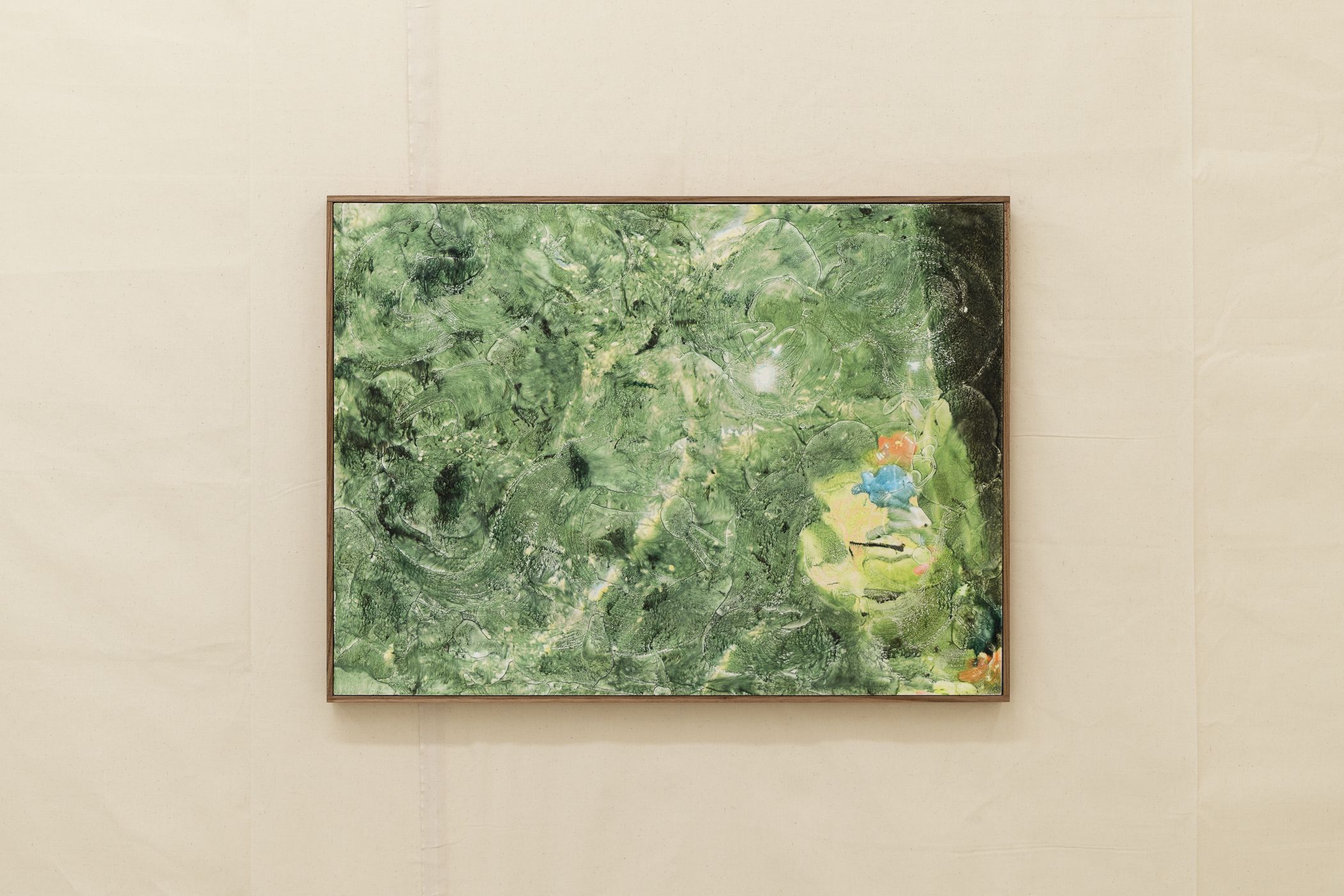 The pearl necklace that disappeared (three pearls in water). 2024. Pigment ink in polymer modified plaster, UV protective acrylic sealer, artist frame made from elm. 54,7 x 74 cm