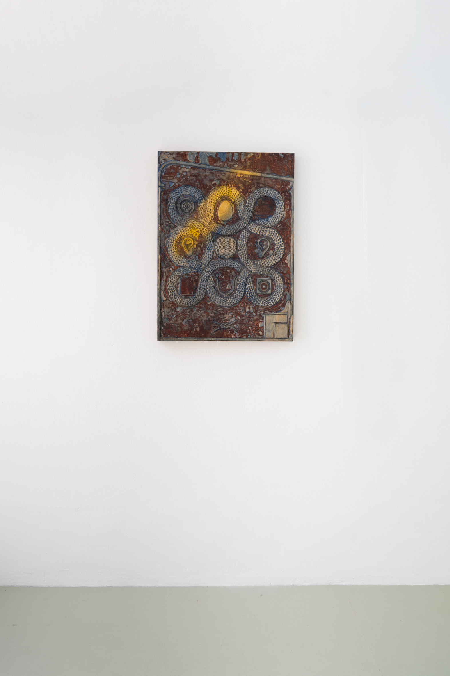 Vicente Hirmas, If you listen carefully, 2023, oil on carved wood, 77 x 57 x 5 cm