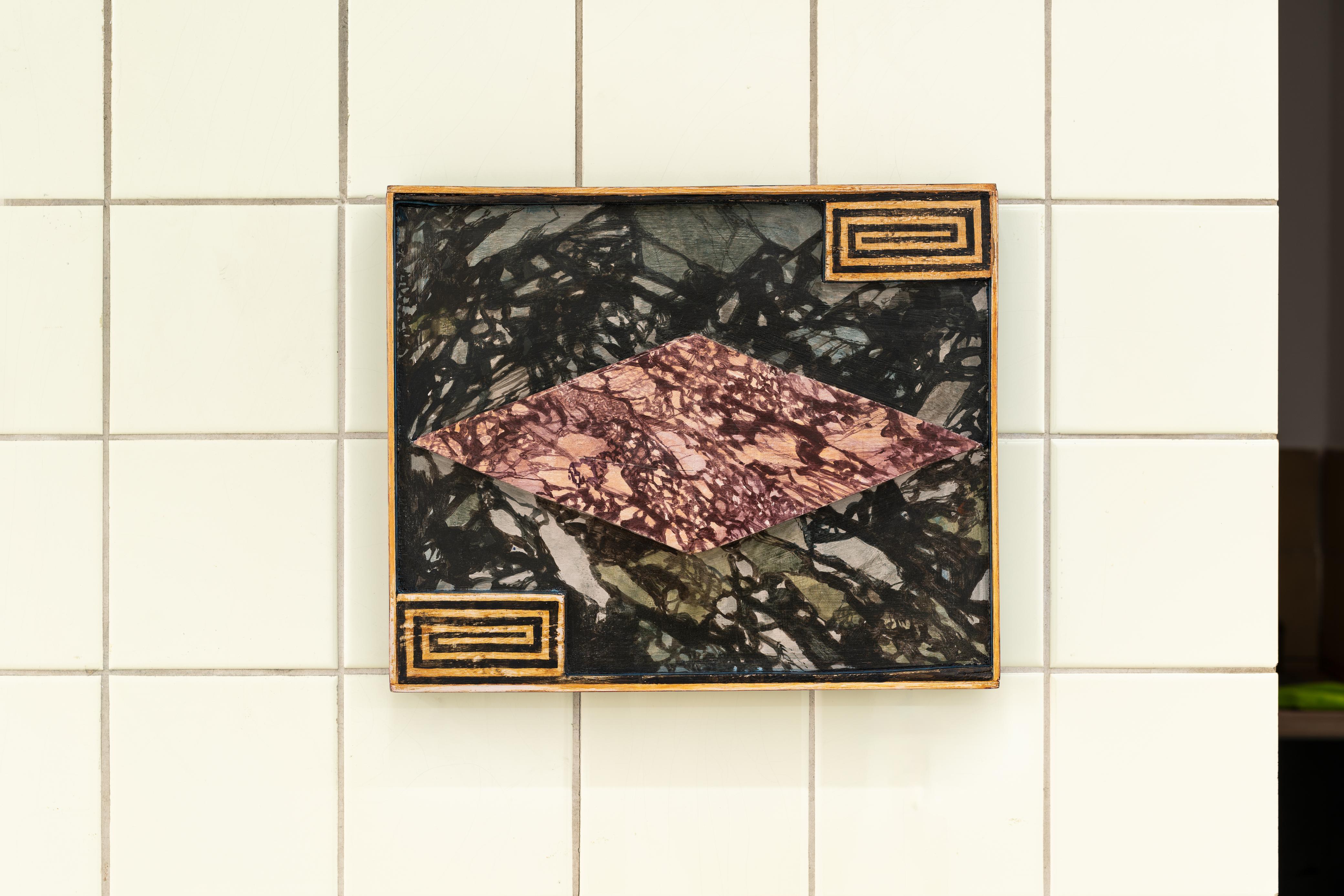 Vicente Hirmas, Camuffare, 2022, acrylic on wood, 32 x 39 x 5 cm