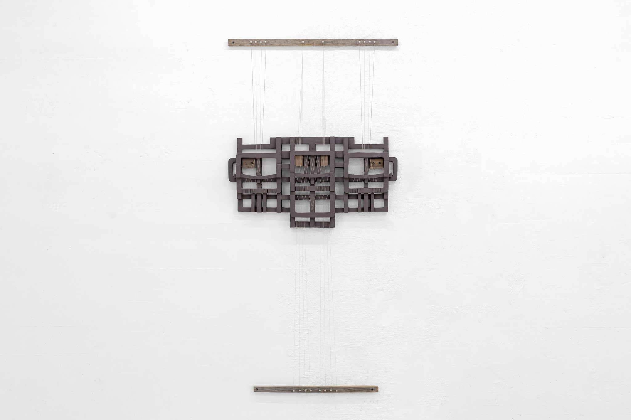 Vibe Overgaard, "Industrion Mainframe", 2024. Wood, ceramic, thread, 72.0 x 150.0 x 6.0 cm