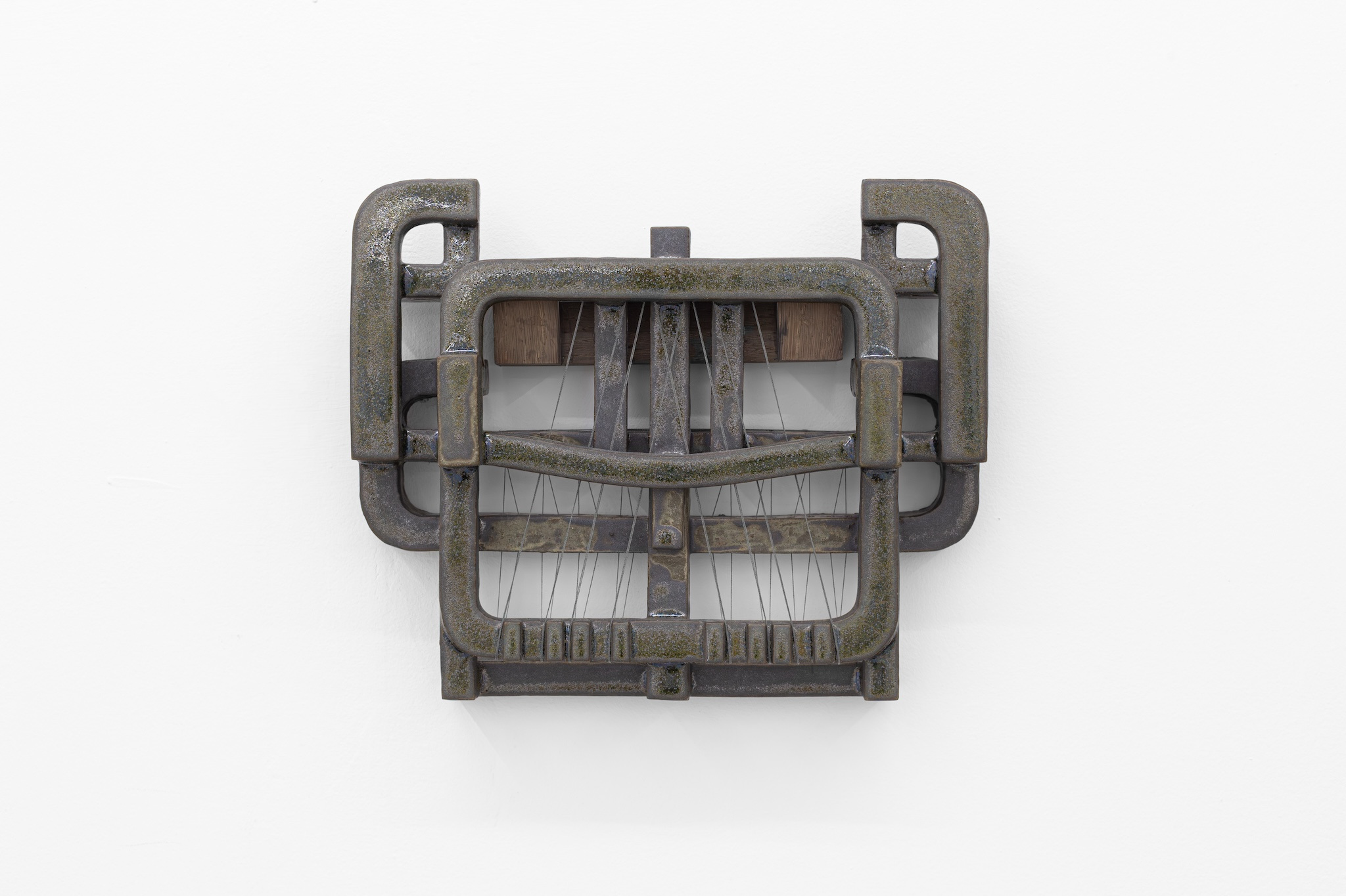 Vibe Overgaard, "Industrion Mainframe Section 1a", 2024. Wood, ceramic, thread. 28.5 x 23.5 x 4.0 cm