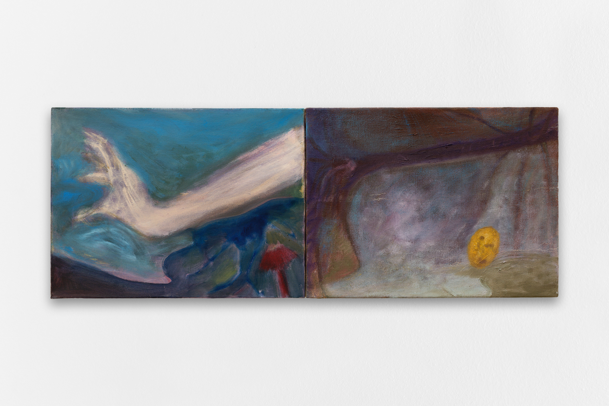 Zhiliang Jin, Creep in, 2024, oil on canvas and linen, 30 x 80 cm (in two parts), unique