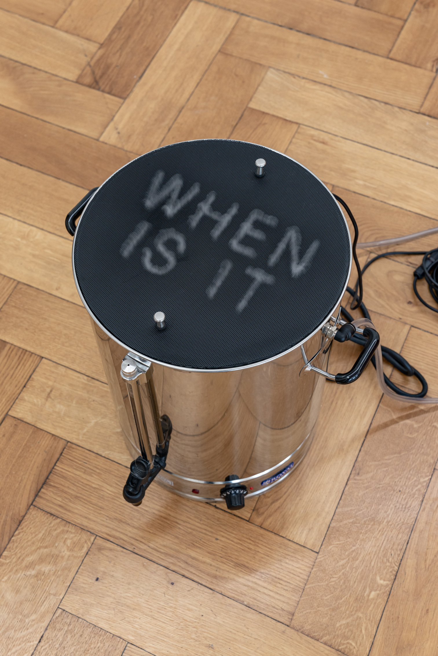 Lennart Lahuis, "When is it that we feel change in the air" (detail), 2021 - 2022, water, containers, trash can, waterboiler, vaporizer, pneumatic system, dimensions variable.