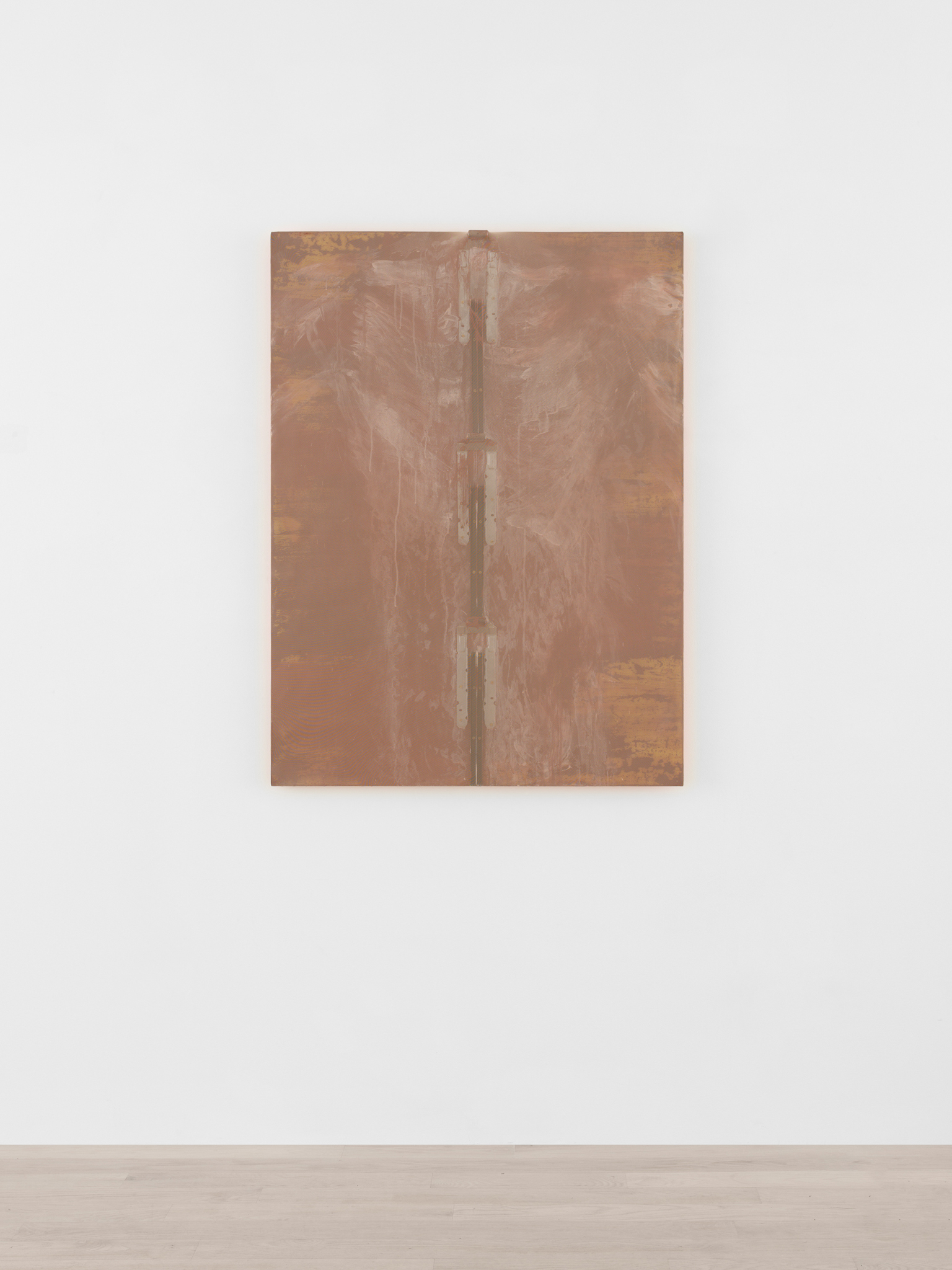 Tahir Karmali, You only ever loved my tongue, held my lips with forceps, blood on your teeth, 2024, Nylon, wood, metal joists, iron oxide, polyurethane, blood, saliva, power mesh, and gesso, 48 x 36 inches / 189.23 x 108.2 cm