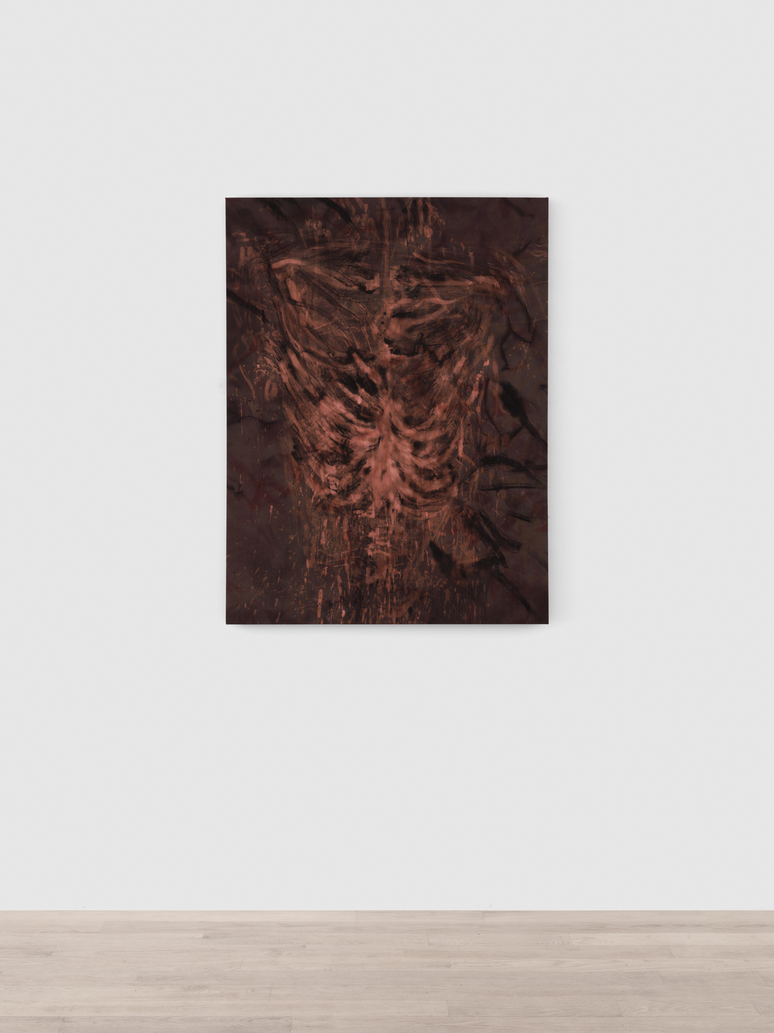 Tahir Karmali, That small part of you that never stuck to my bones and I’ll wither away, 2024, Earthen unbleached canvas, red and black dyes, soil dyes, bleach, milk, fixative, and cocaine, 50 x 38 inches / 127 x 96.5 cm