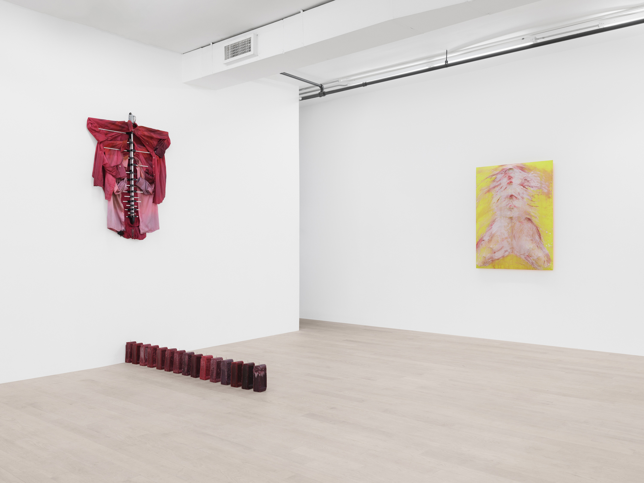 Tahir Karmali, I want to caress my face with sandpaper, break my jaw, and forget who you were, 2024, Nylon, wood, metal joists, iron oxide, polyurethane, blood, saliva, power mesh, and gesso, 48 x 36 inches / 122 x 91.5 cm