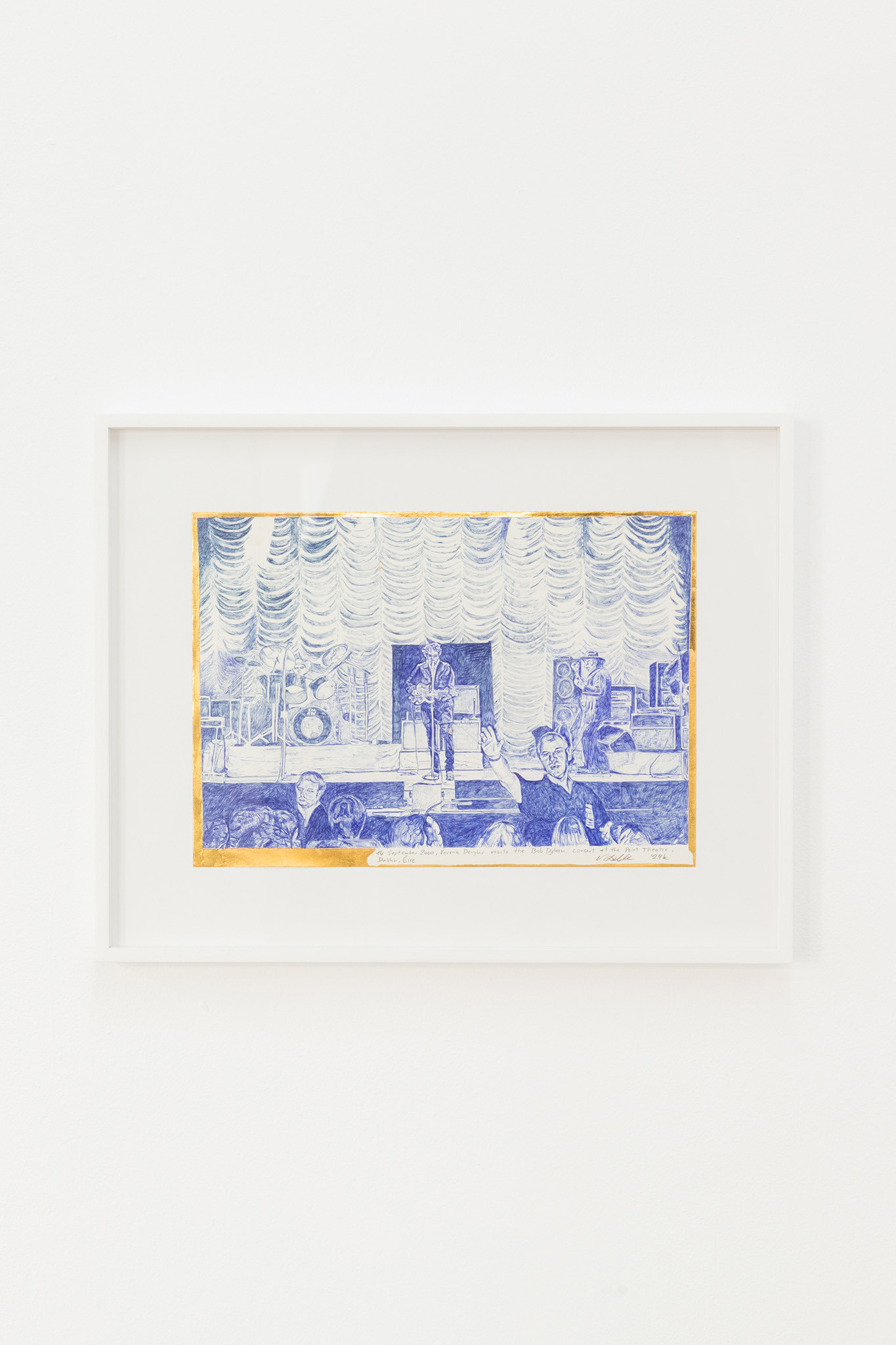 Verena Dengler, “14 September 2000, Verena Dengler visits the Bob Dylan concert at the Point Theatre, Dublin, Éire”, ballpoint pen, 24k pure 80 m/m Gold leaf on paper, 21 x 29.7 cm, framed: 32 x 40.8 cm, 2024