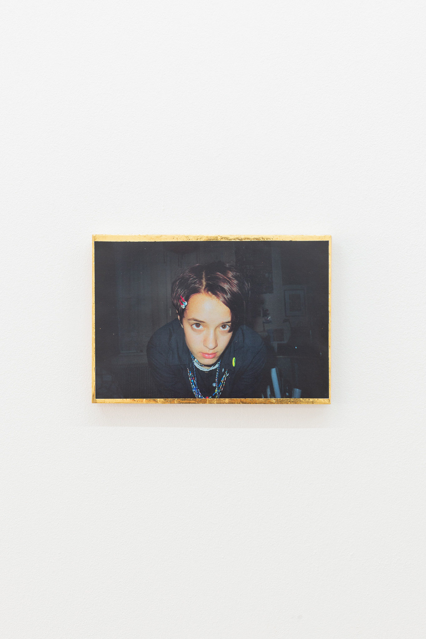 Verena Dengler, self-portrait, 1998, digital print, 24k natural gold on paper, wood, 21 x 29.7 cm, 2024