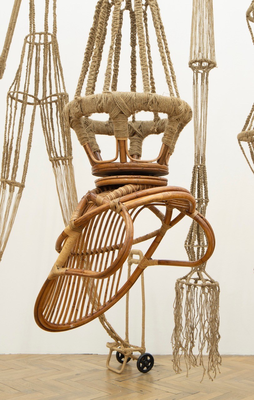 Maddy Arkesteyn, Untitled (from the series: Brancusiâs Psychosis Goes Exotic), 2010, MacramĂ© (knotted rope), wire, wooden chair 300 Ă 70 Ă 70 cm