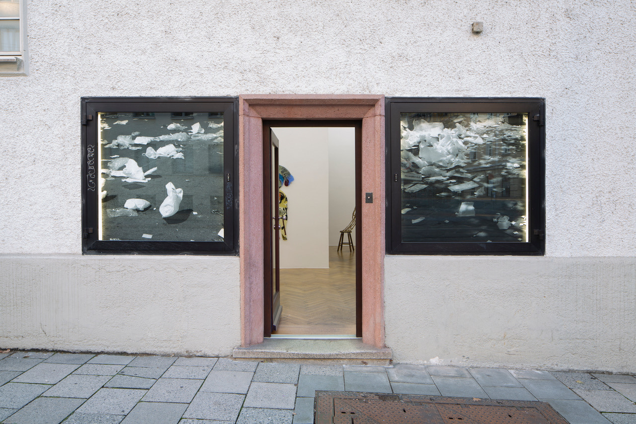 Gallery Entrance with works from the series âA promise of happinessâ by Maddy Arkesteyn, 2008, Canson Rage b/w photography on dibond, each 115 Ă 115 cm