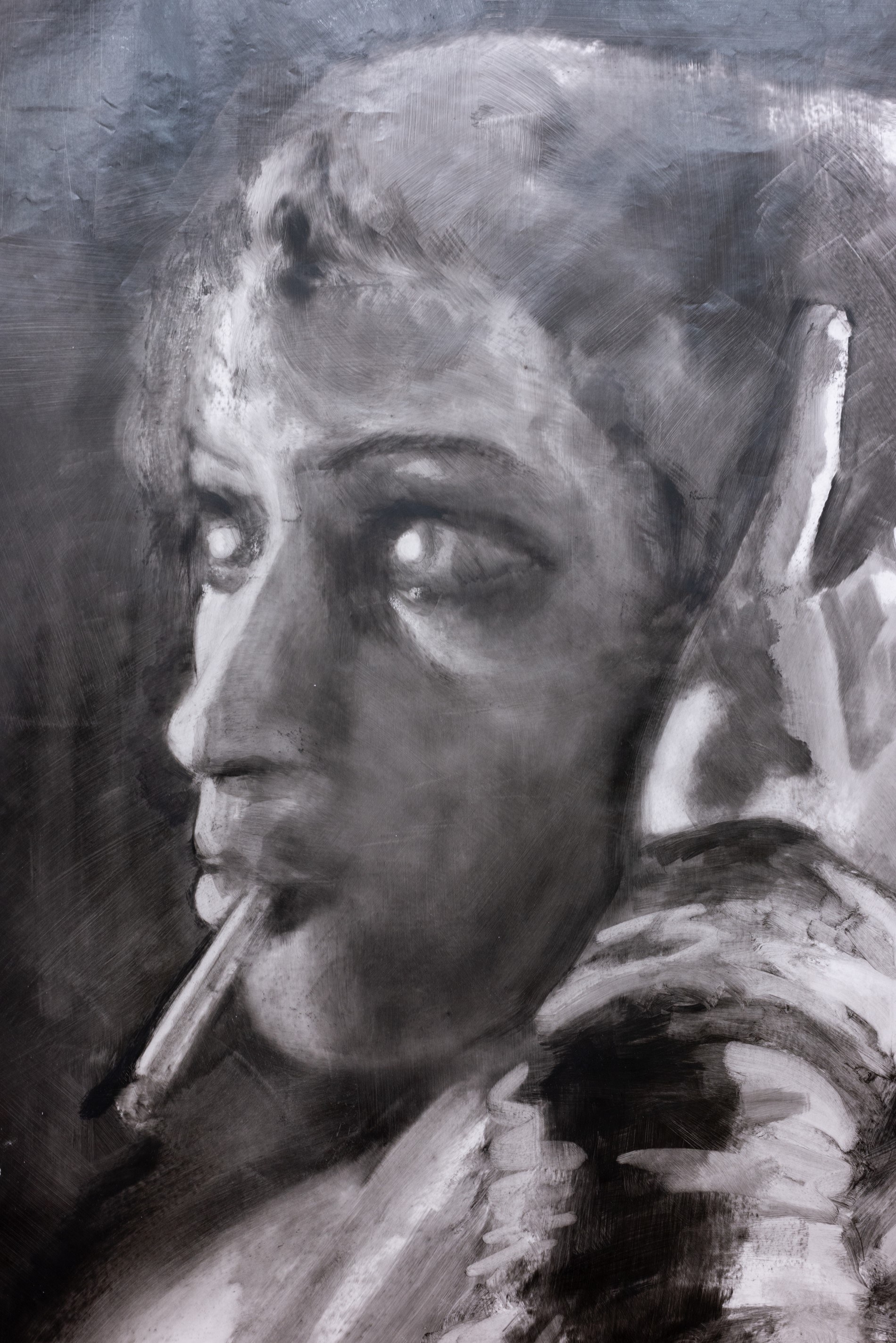 Annabelle Agbo Godeau, Dainah (Laurence Clavius) (detail), 2024, oil on waxed paper, 170x100 cm  © The artist photo: Bernhard Adams