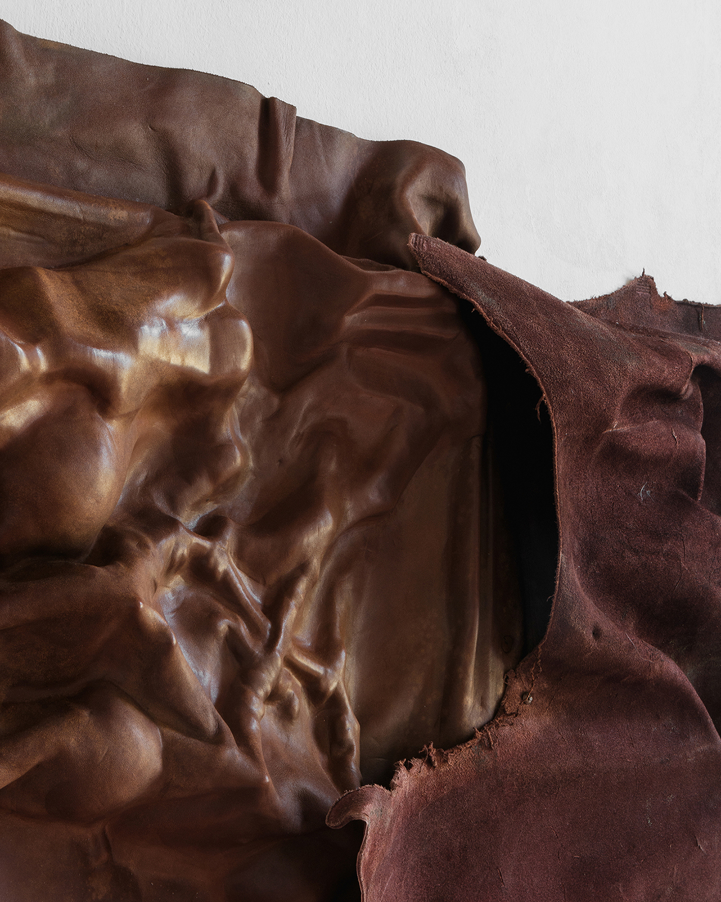 Detail from Ana Gzirishvili, Flighty Trails, 2024, Leather Cast, Wood, 85x135x22 cm