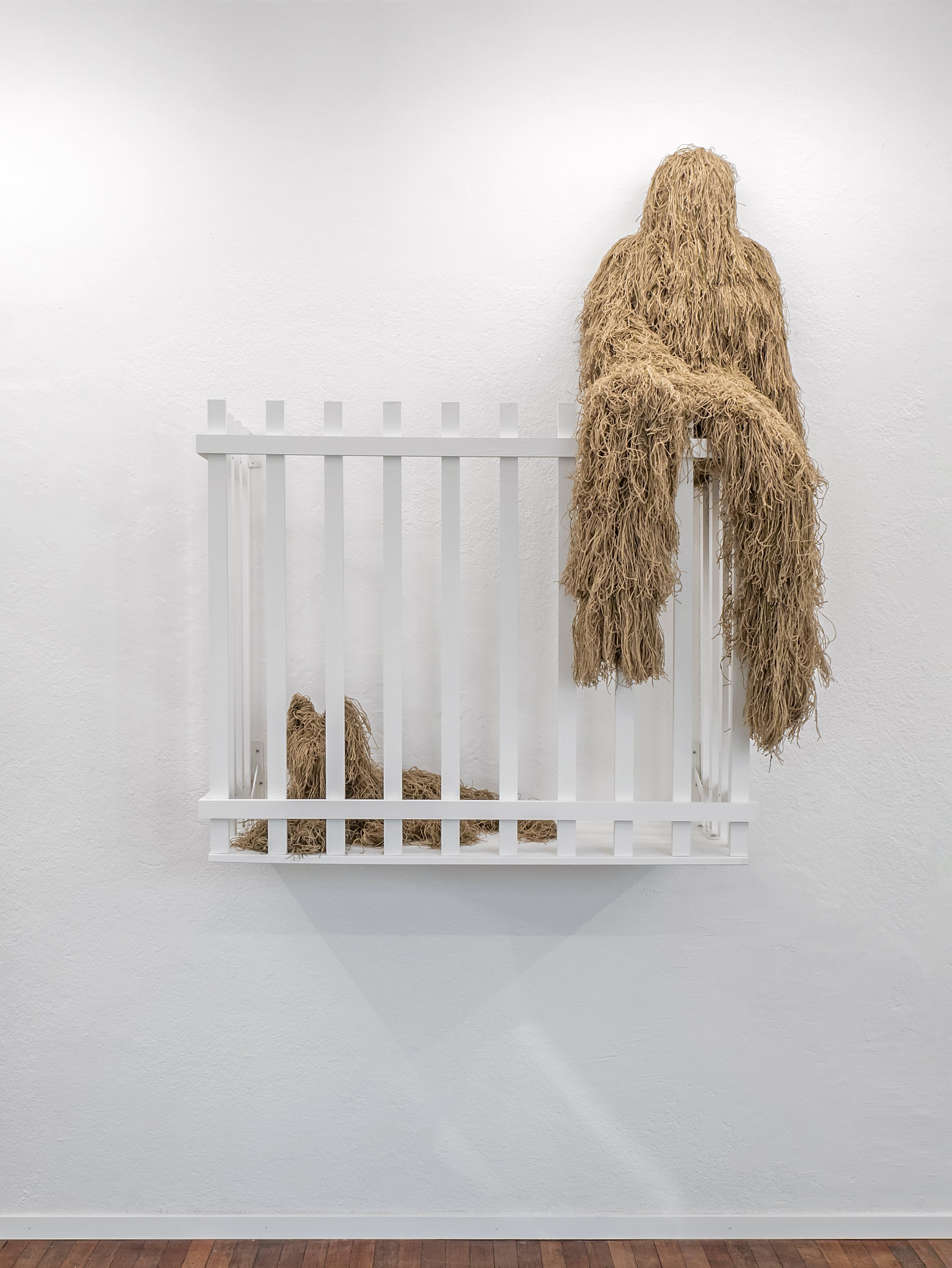 Adam Cruces, Balcony, 2024, Acrylic, polyurethane, ghillie suits, wood, 170 x 139 x 70 cm