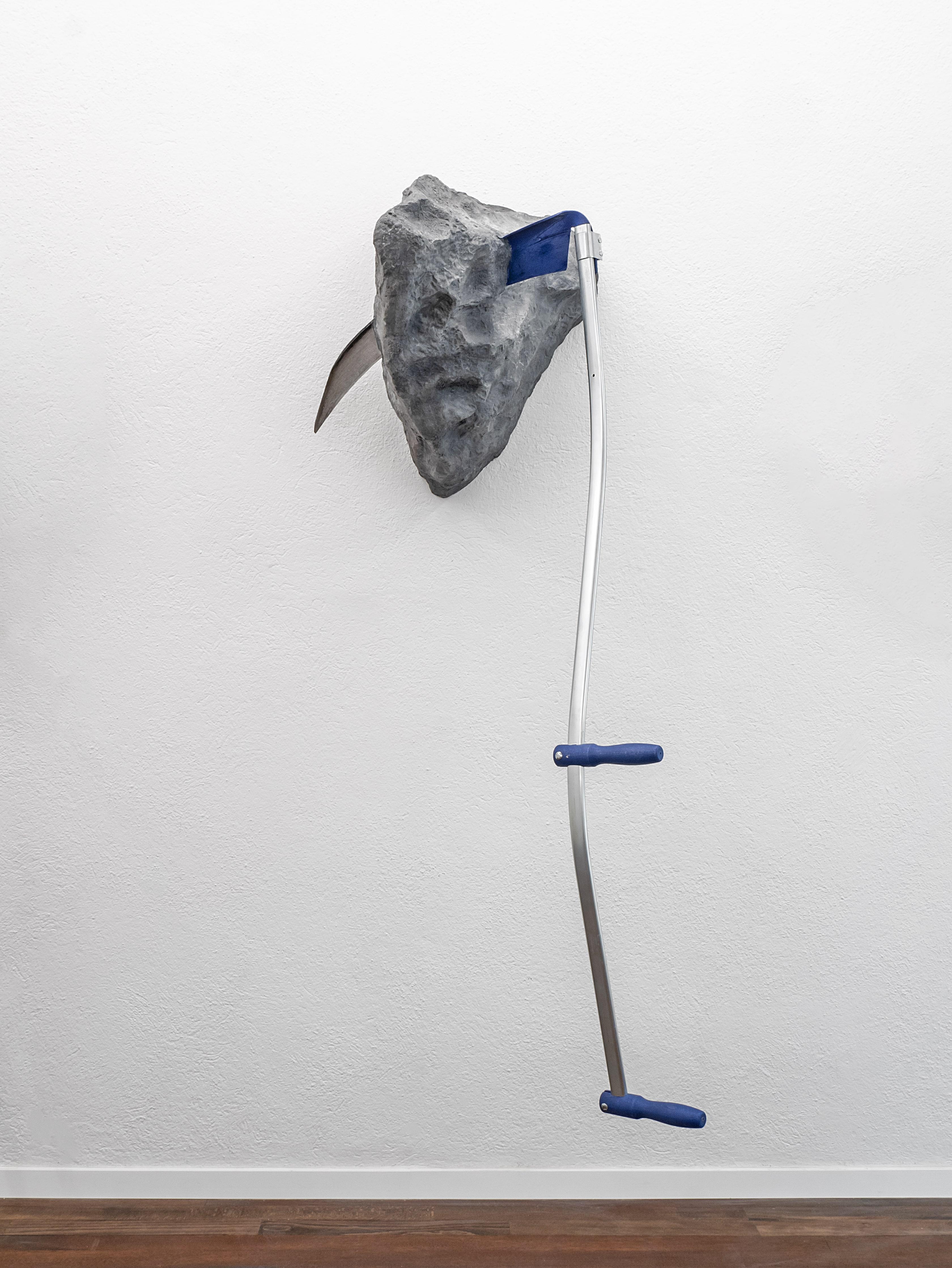 Adam Cruces, Scythe in the Stone (Blue), 2024, Scythe, acrylic, fiberglass, 150 x 70 x 75 cm