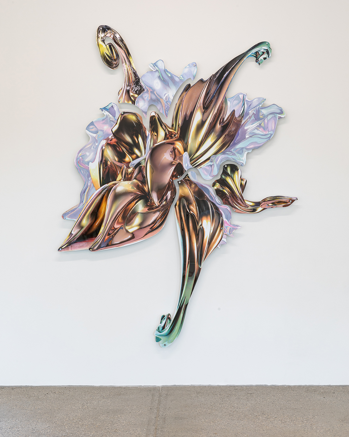 Exhibition view; Salomé Chatriot, Honey Time 4, 2024, oil paint and enamel on aluminium (four parts), 210 x 176 x 5cm, CALM - Centre d'Art La Meute, Lausanne, Switzerland, 2024 / Photo: Théo Dufloo/Courtesy of the artist, New Galerie and CALM.