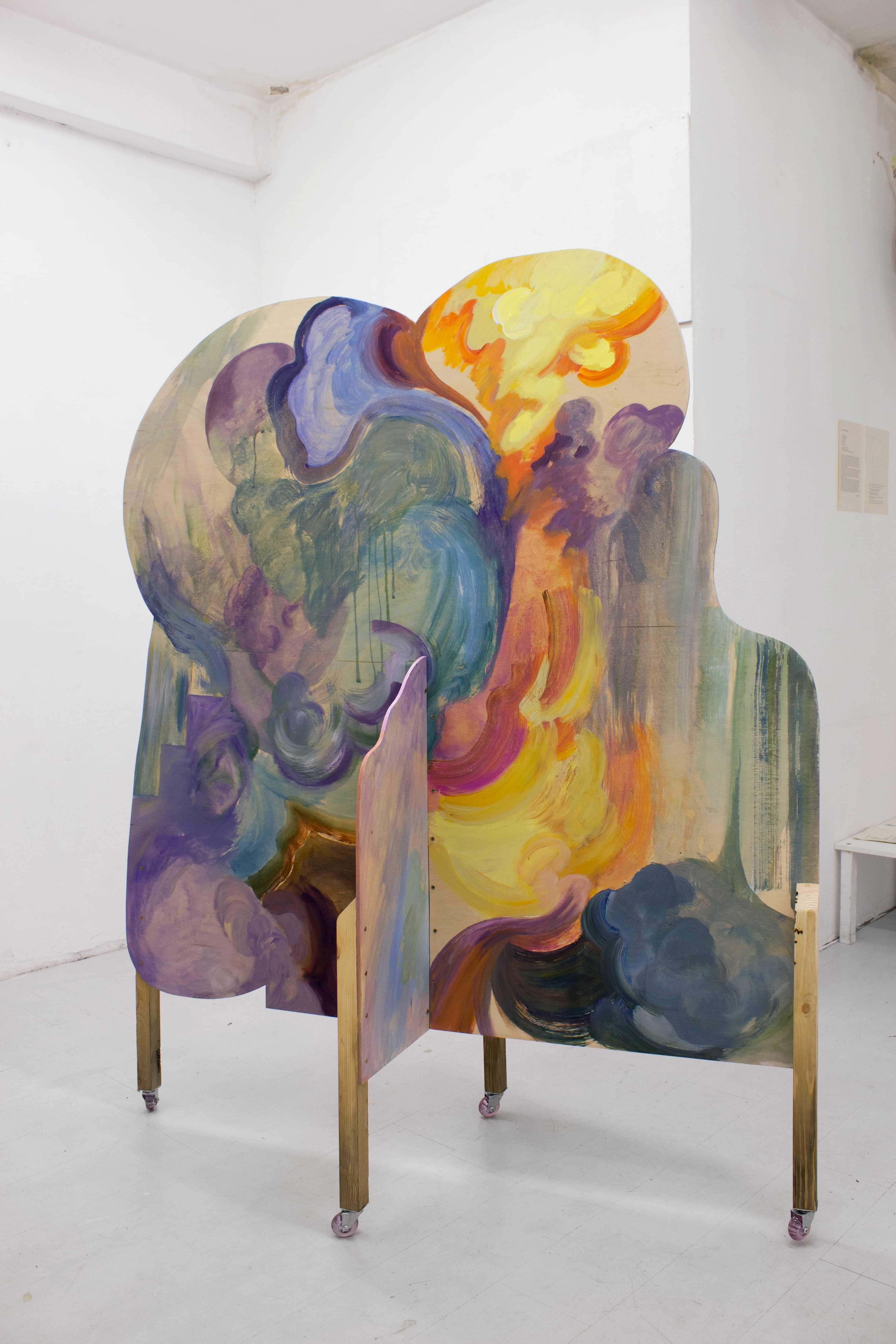 Katya Antoshkina, «Background â? clouds/thunder», 2024. Acrylic on plywood, mixed media. Photo: Slava Nesterov.