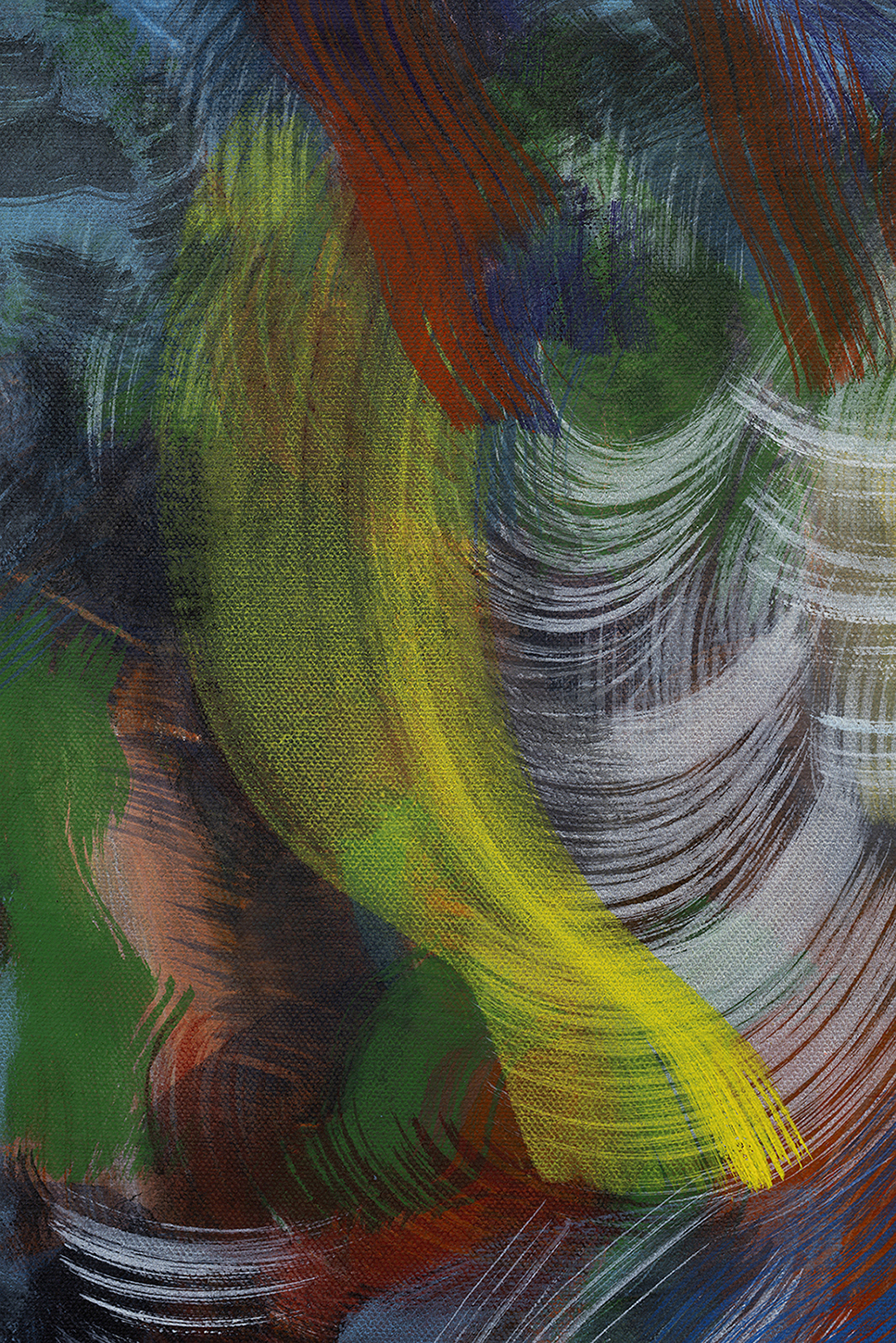 Ana Manso, âcaryatidâ (detail), 2024 (Tie-dye, acrylic and oil on canvas, 230 x 33 cm).