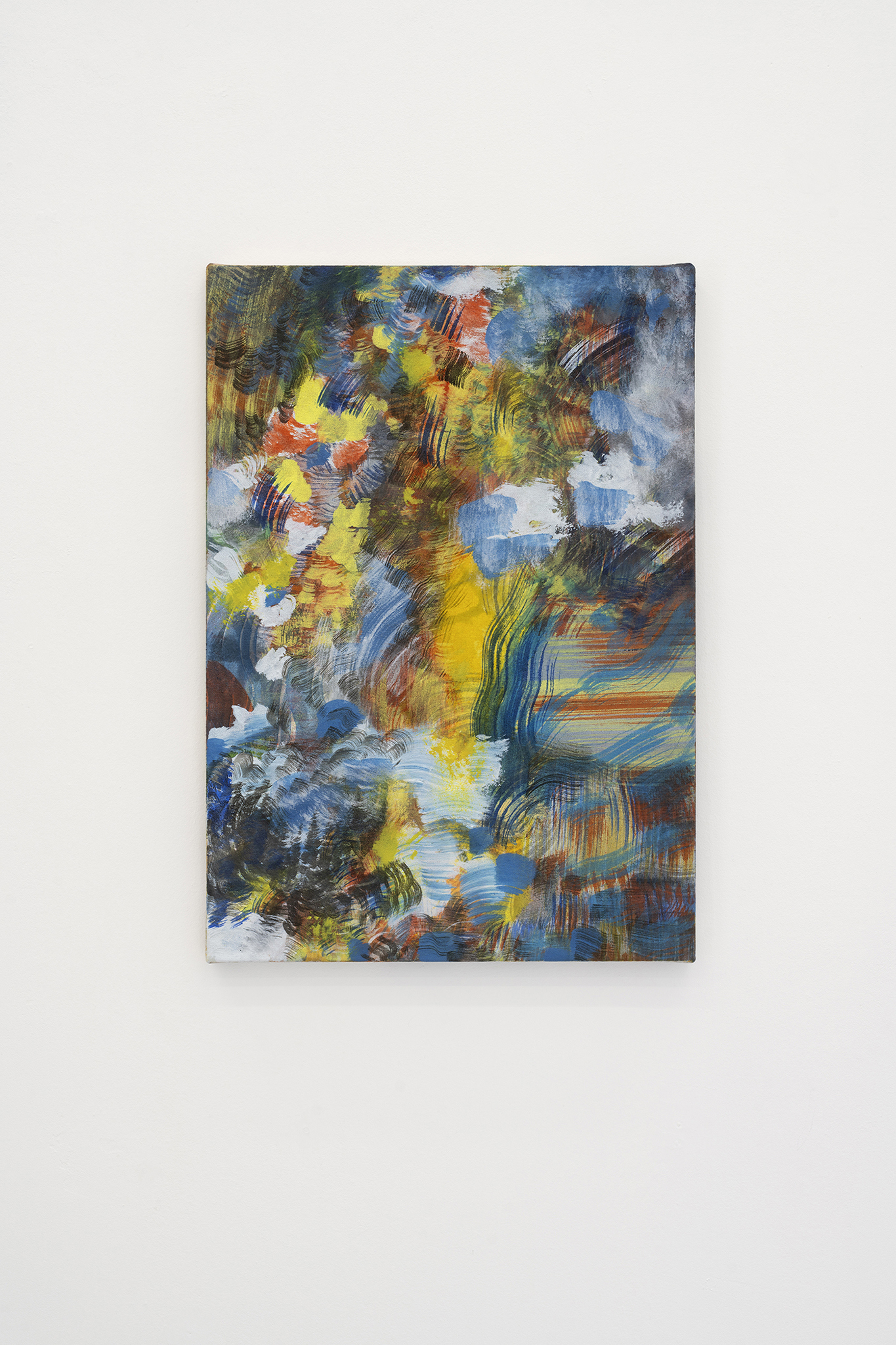 Ana Manso, âthe sound of cicadasâ, 2024 (Tie-dye, acrylic and oil on canvas, 50 x 35 cm).