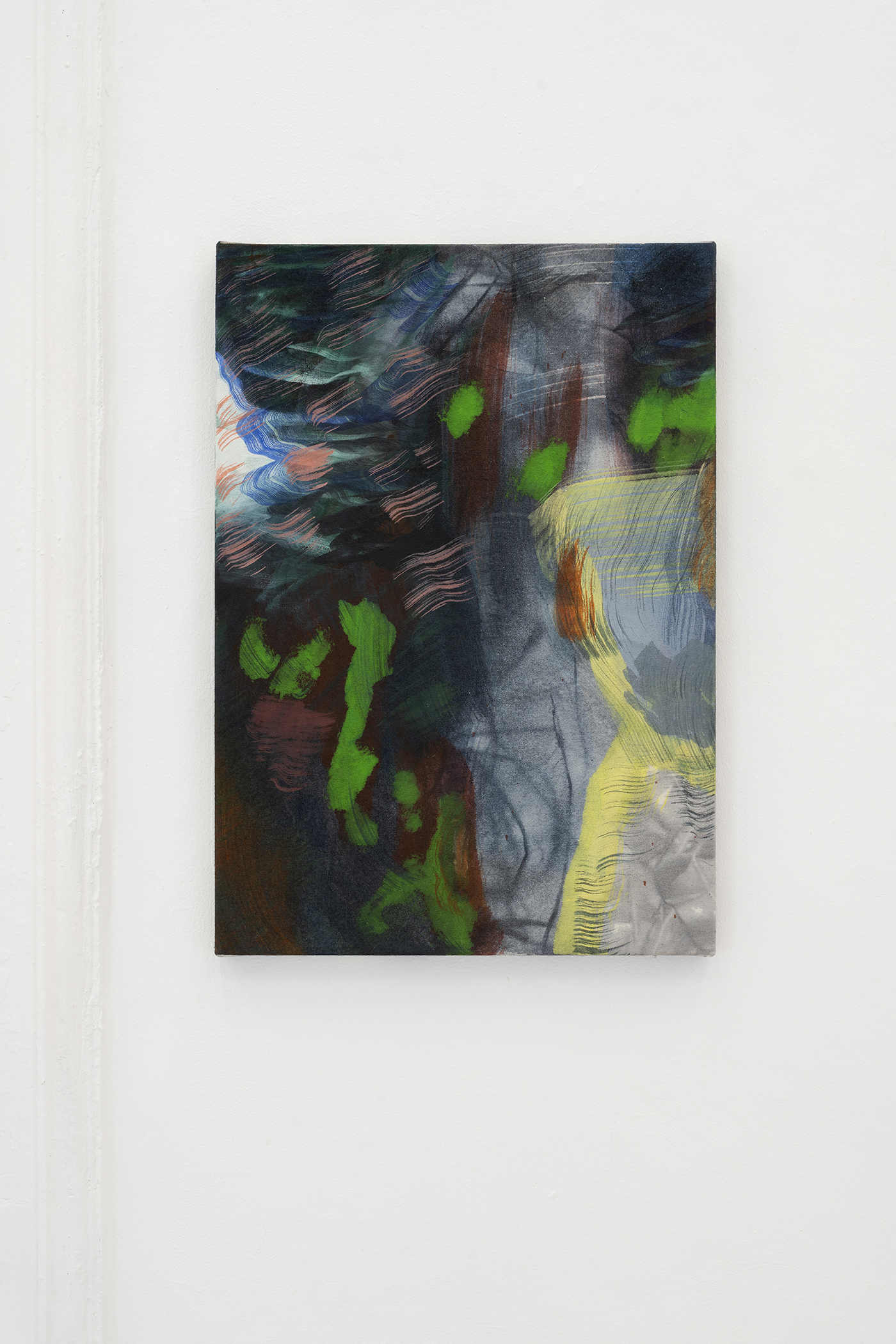 Ana Manso, âwebâ, 2024 (Tie-dye, acrylic and oil on canvas,  50 x 35 cm).