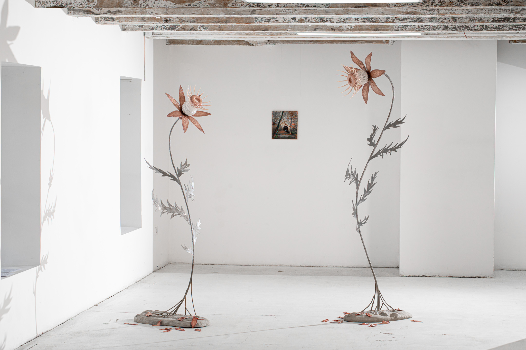 Karina Mendreczky & Katalin Kortmann Járay, Flowers, 2023; Štěpán Brož, In the Shadow of the Acacia, 2024; exhibition view from To the Bottom of the Goblet, Art Quarter Budapest