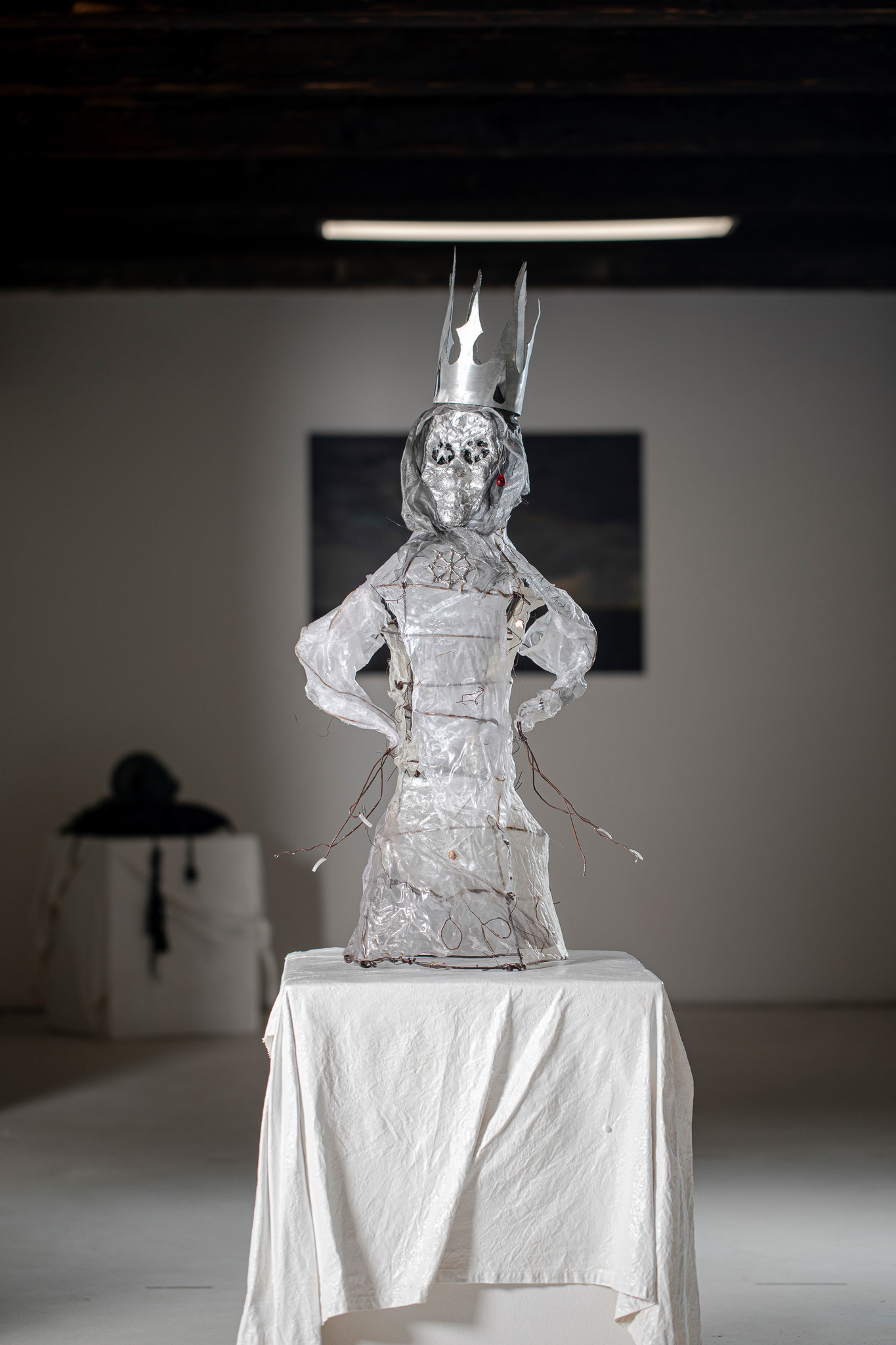 Anna Marie Berdychová & Samuel Stano, Scarecrow Queen, 2023; exhibition view from To the Bottom of the Goblet, Art Quarter Budapest