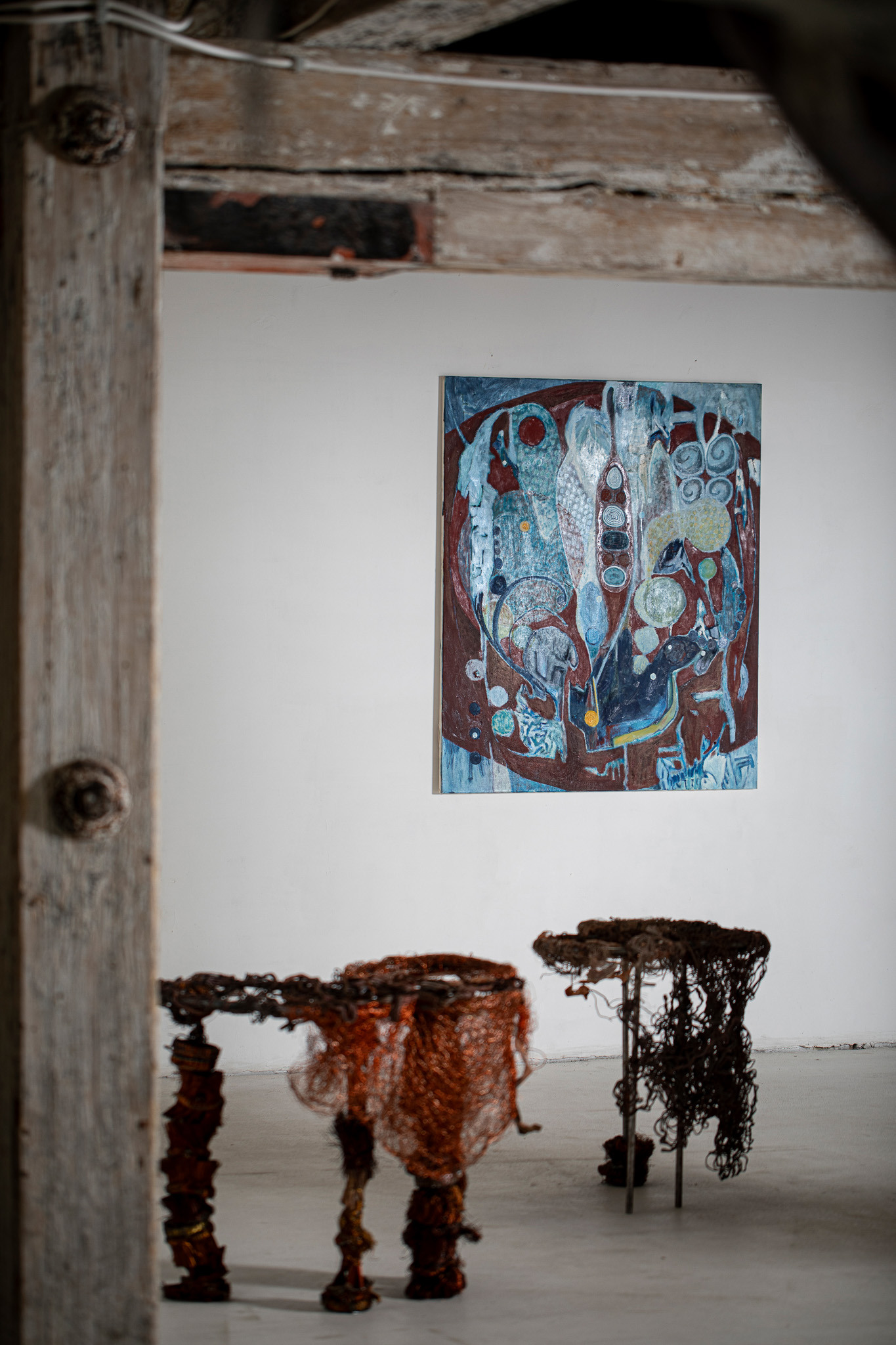 Edita Štrajtovová & Barbora Volfová, Part of Actually, You Woke Up with the Smell of Orange on Your Fingers, 2022; Adrian Altman, Prebiotic soup, 2023; exhibition view from To the Bottom of the Goblet, Art Quarter Budapest