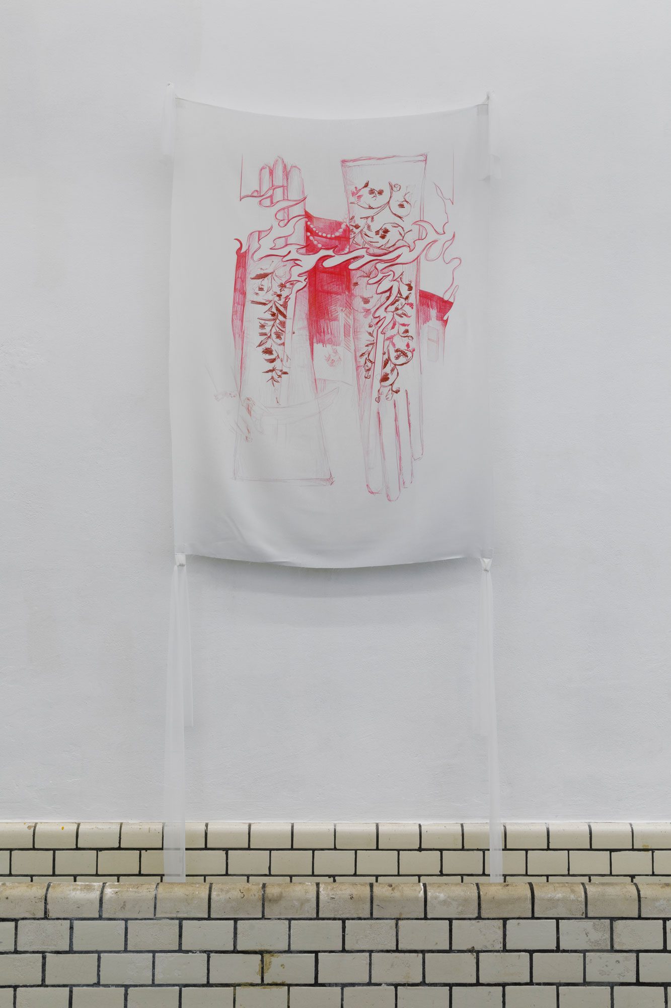 Nora Hansen, the sand, from which they carefully carve their worship, 2024, Digital print on U-Circular Silk Satin, U-Circular Mesh, Metal
