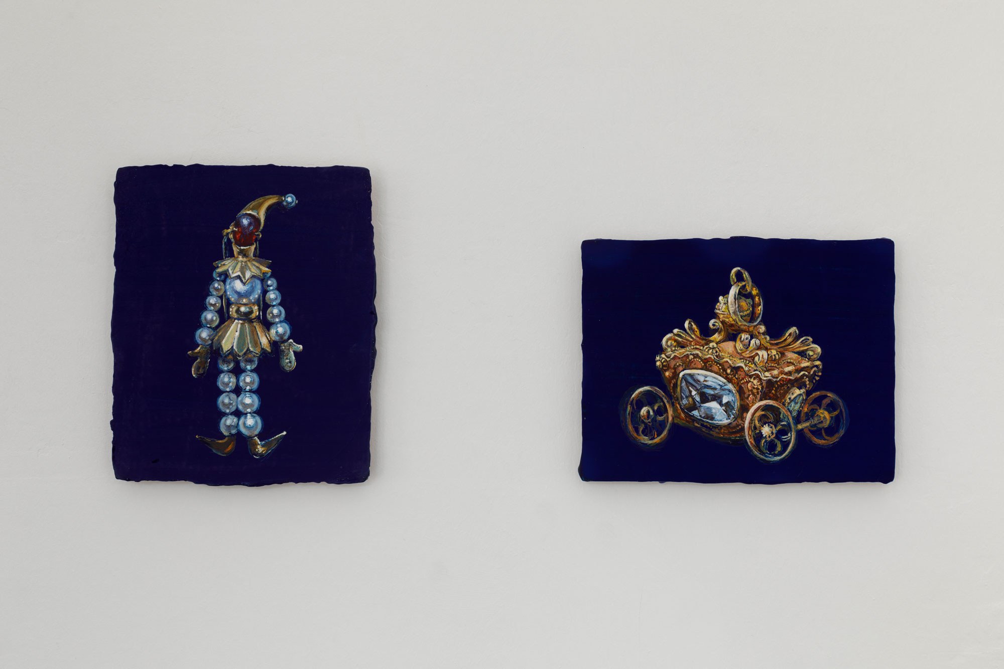 Brieke Drost, Pierrot, 2021, Tempera on panel on copper; Brieke Drost, Carriage, 2023, Tempera on panel on copper,