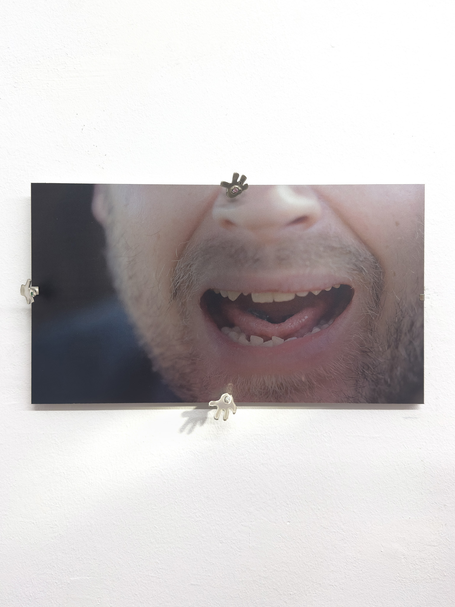 Daniel Hopp with  Hellena Hueck,  Bought With Pleasure III, 2024, sterling silver, cubic zirconia, spring steel, cardboard, metal print, 16,8 x 30cm, Sprink Düsseldorf