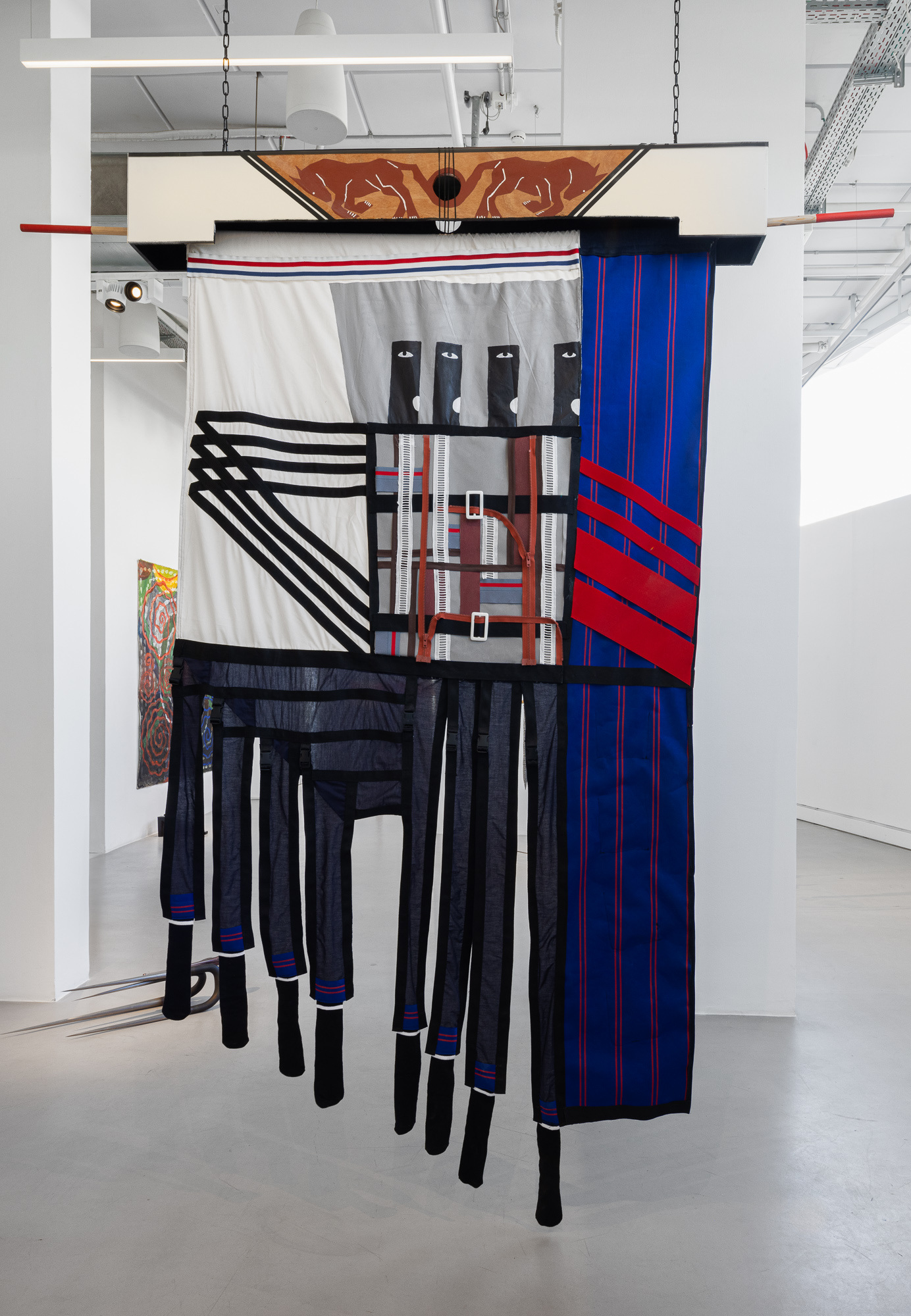 String Quartet, 2024, Fabric, wood, acrylic, zipper, rubber, plastic buckles, 220X150 X15 cm