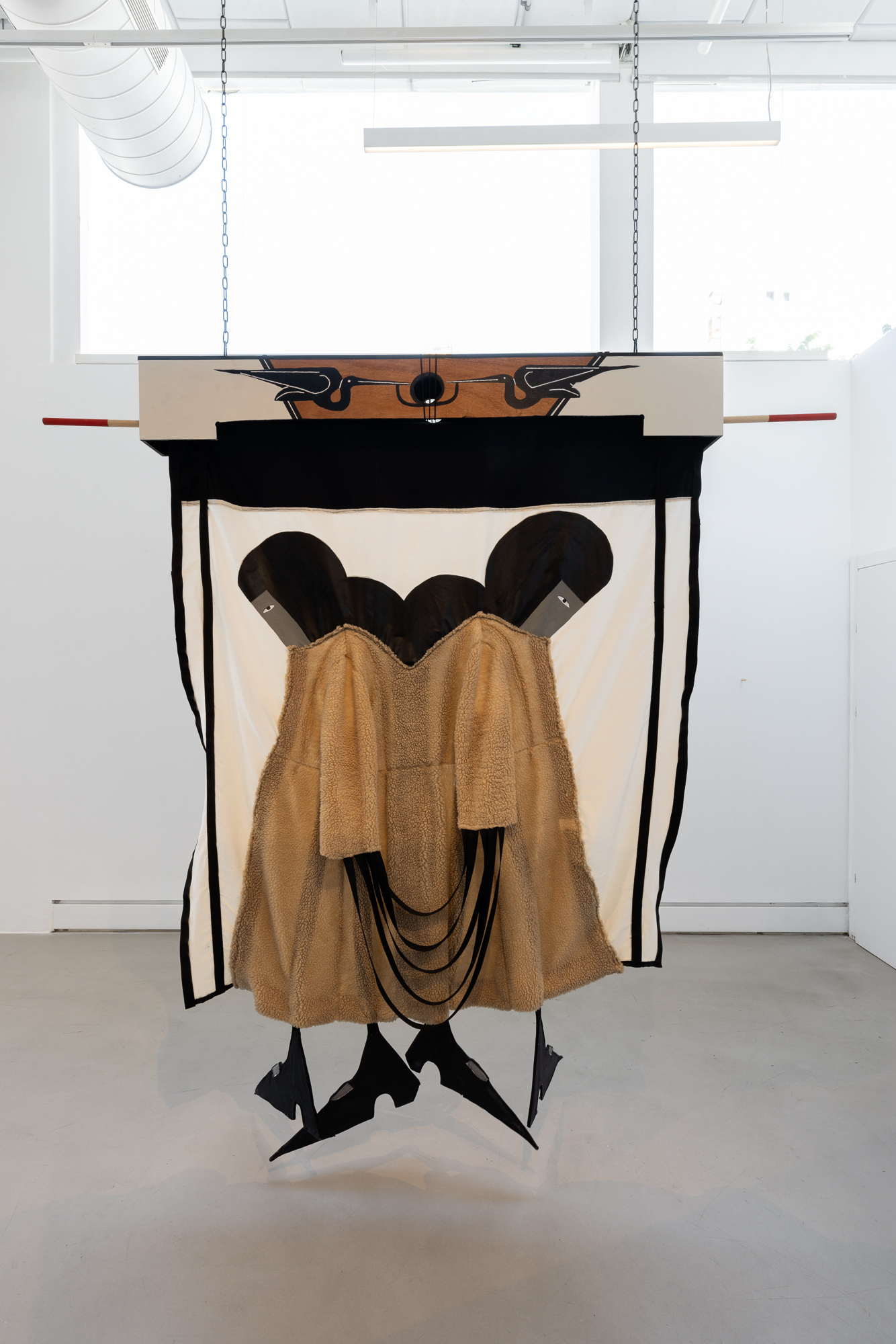 Duet, 2024, Fabric, wood, cardboard, buttons, acrylic, zipper, rubber, 220X150 X15 cm