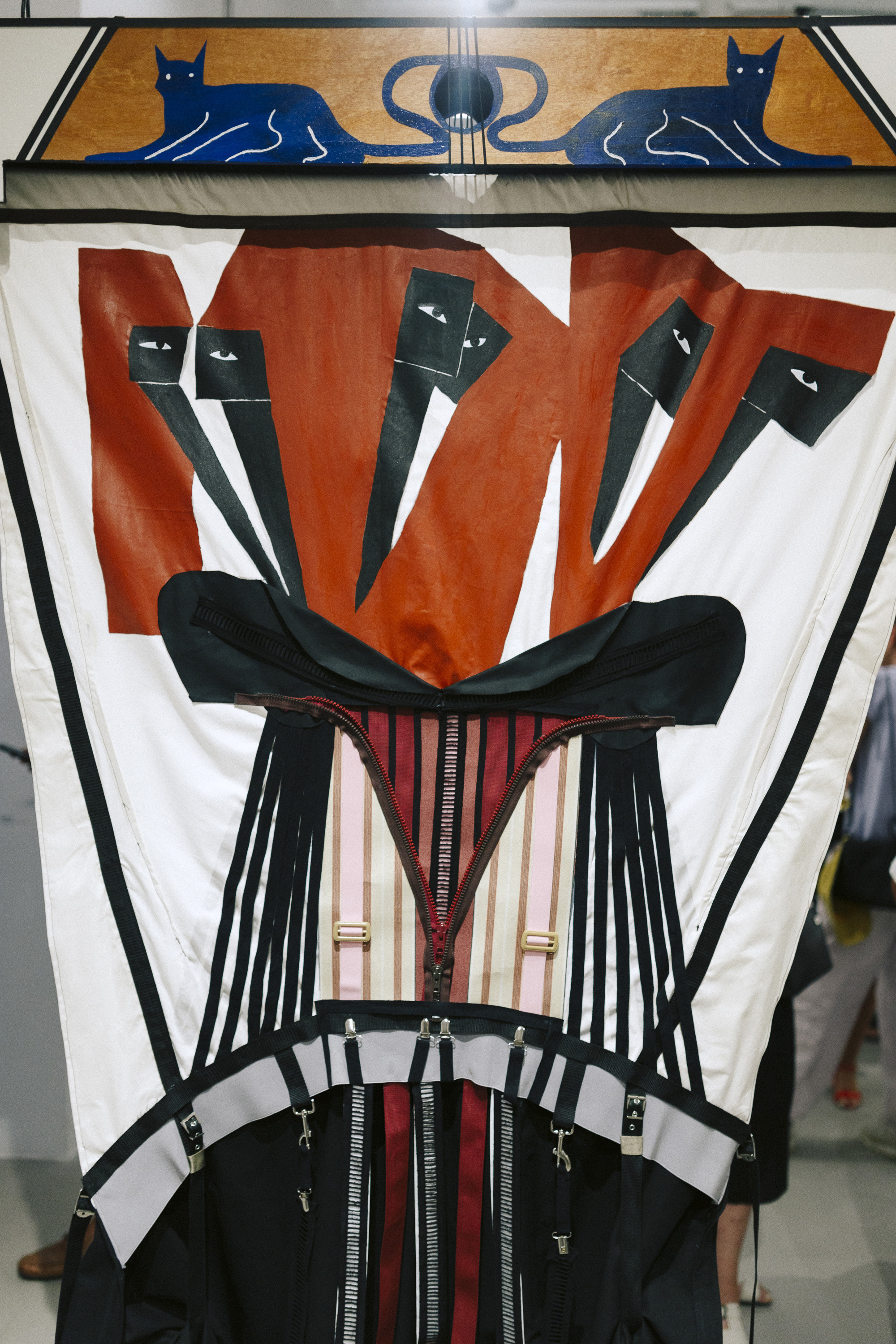 Six Cymbals, 2024, Fabric, wood, acrylic, zipper, rubber, buckles, 220X150 X15 cm