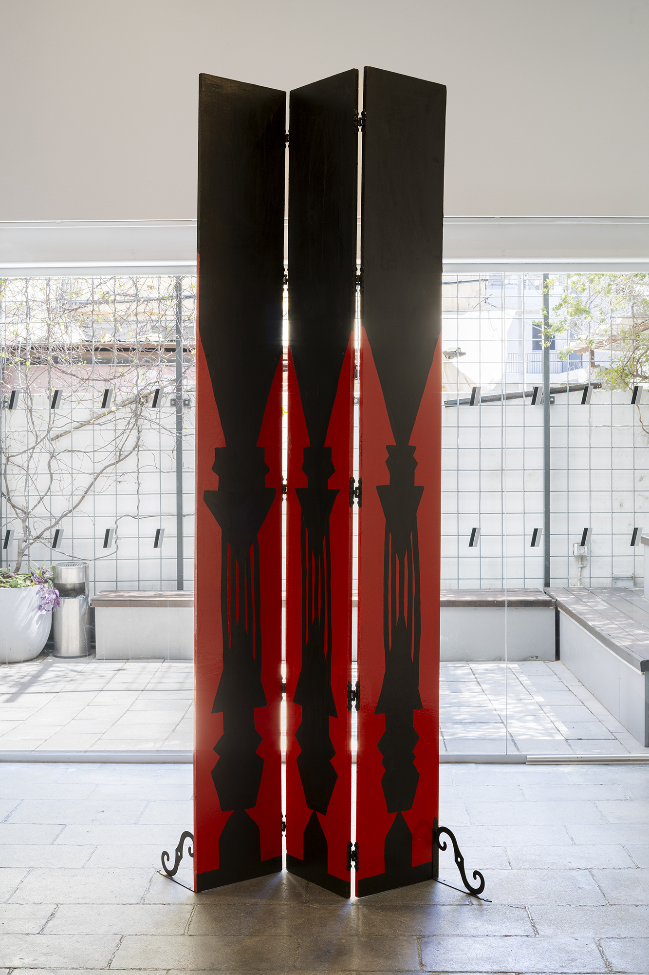 Looking Back, 2024, Wood, acrylic, industrial paint, metal affixings/fixtures, insulating tape, 220X100 cm