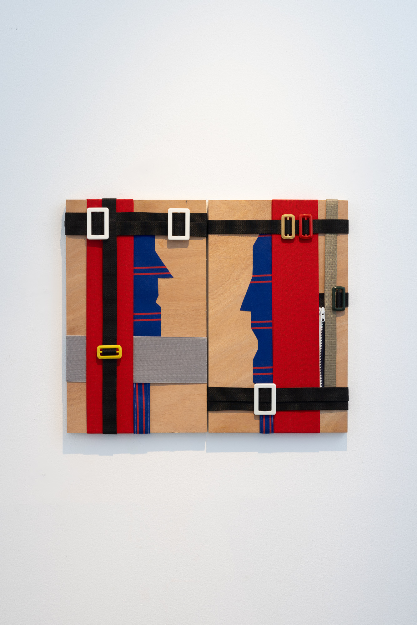 Zipped + Belted, 2024, rubber band, fabric bands, Samson fabric, plastic buckles, wood, 50x30x3 cm each