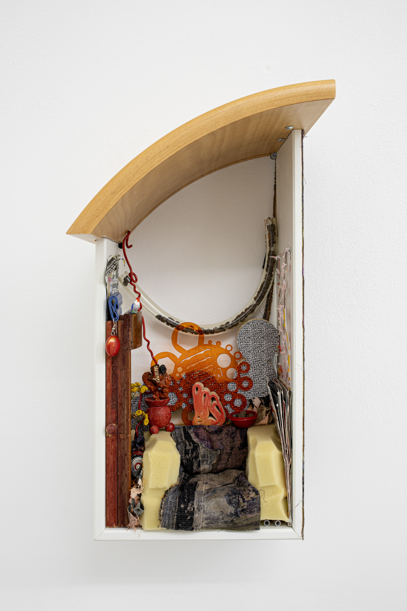 dylan ray arnold, A room with a view (on Cypress Hill), drawer, mattres foam, textile, lottery ticket, stoneware, plywood, scratch cards, pumice, candle holder, battery, ruler, spring, etc, 2023-2024. Photo: Bruno Silva