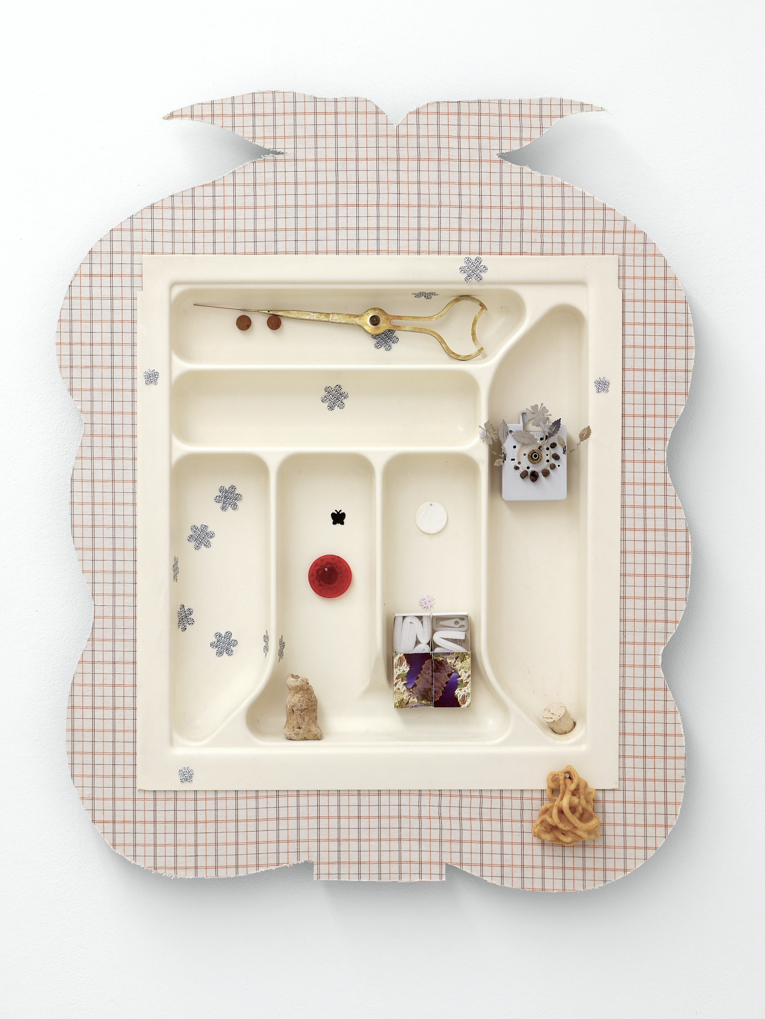 dylan ray arnold, belly of the beast, plywood, textile, cutlery tray, paper cut-outs, matchboxes, alarm clock, pumice, cursor, expanding foam, stone, etc, 2024. Photo: dylan ray arnold