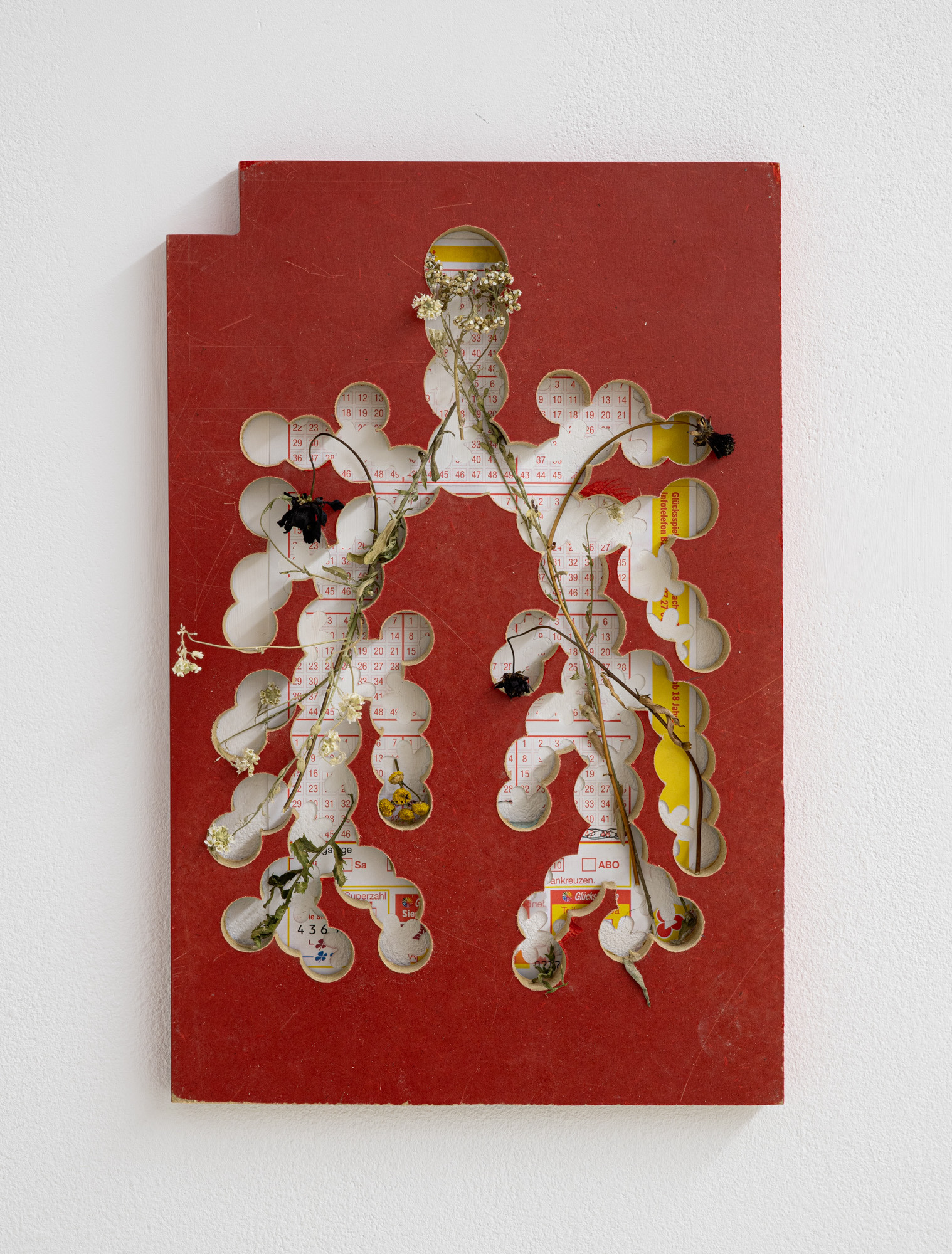 dylan ray arnold, Untitled, painted MDF, flowers from july, a mint, lottery ticket, 2024. Photo: Bruno Silva