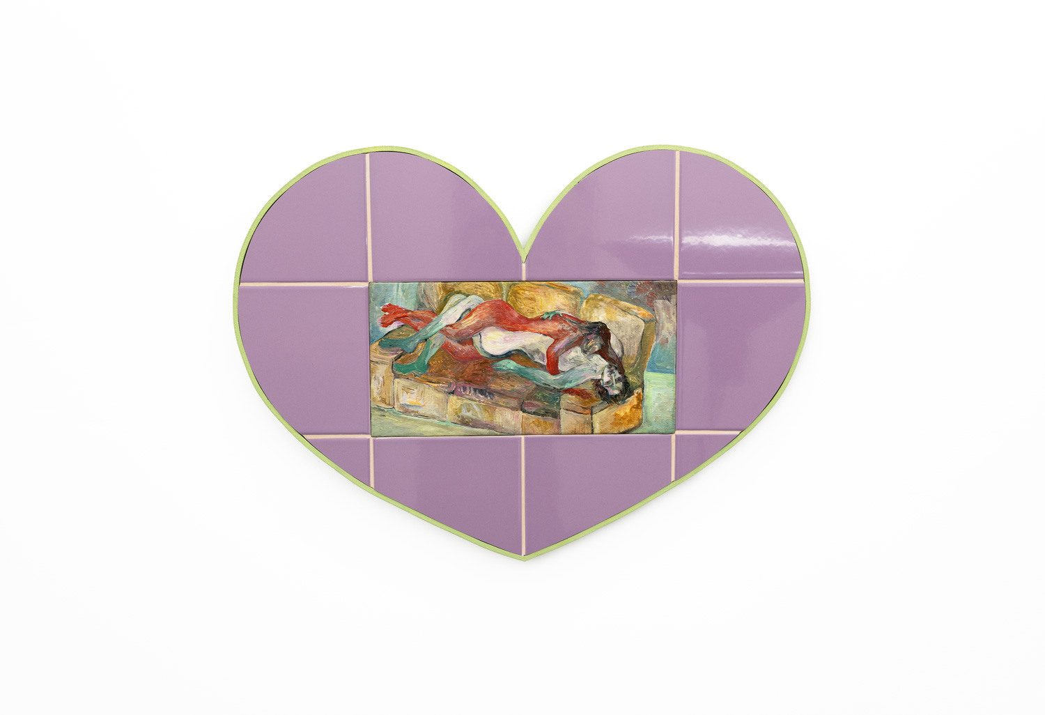 Cœur (Cuir), 2022 Oil on canvas mounted on wood, cut-out earthenware, joints, formwork and painted wooden artist frame 44 × 58 cm